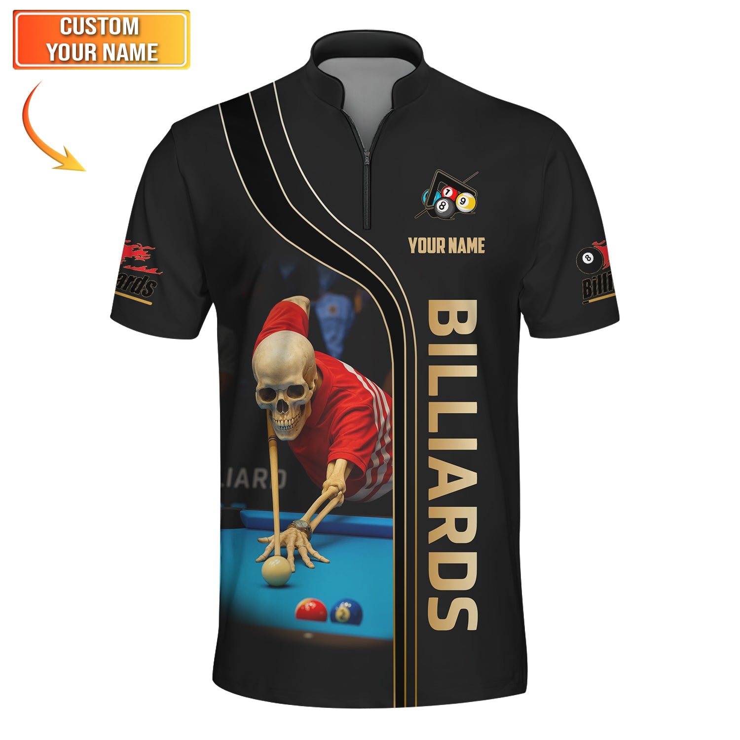 Funny Skeleton Billiards Shirt Custom Name, Pool Player Sport Tee for Men, Cool Gift for Cue Lovers, Bar League, Tournaments & Father’s Day Gift