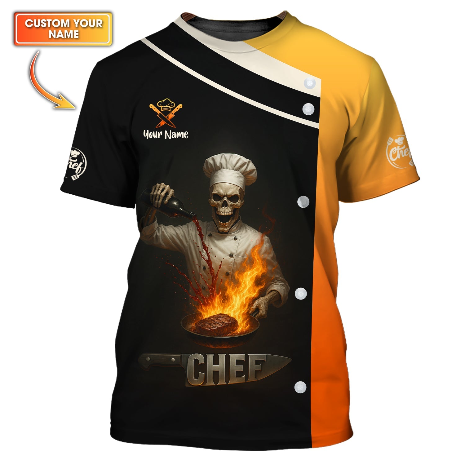 Flaming Skull Chef Shirts, Custom Name Skeleton Cooking Shirt, Funny Chef Uniform