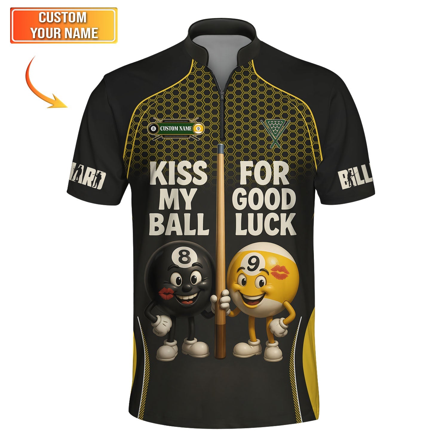 Funny Billiards Shirt, “Kiss My Ball for Good Luck” Custom Name Shirts, Gift for Billiard Players