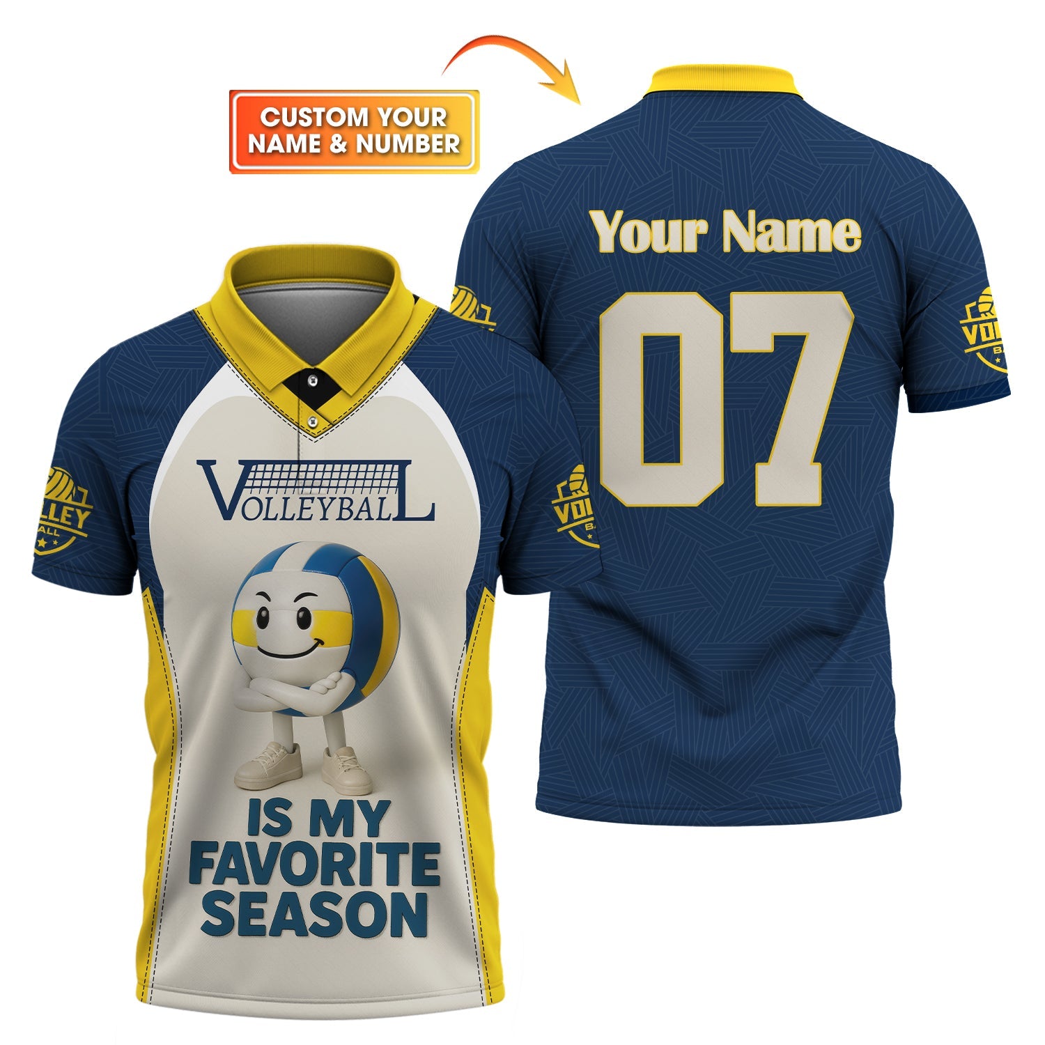 Custom Name Volleyball Shirt – Funny Yellow Blue Jersey “Favorite Season” Quote
