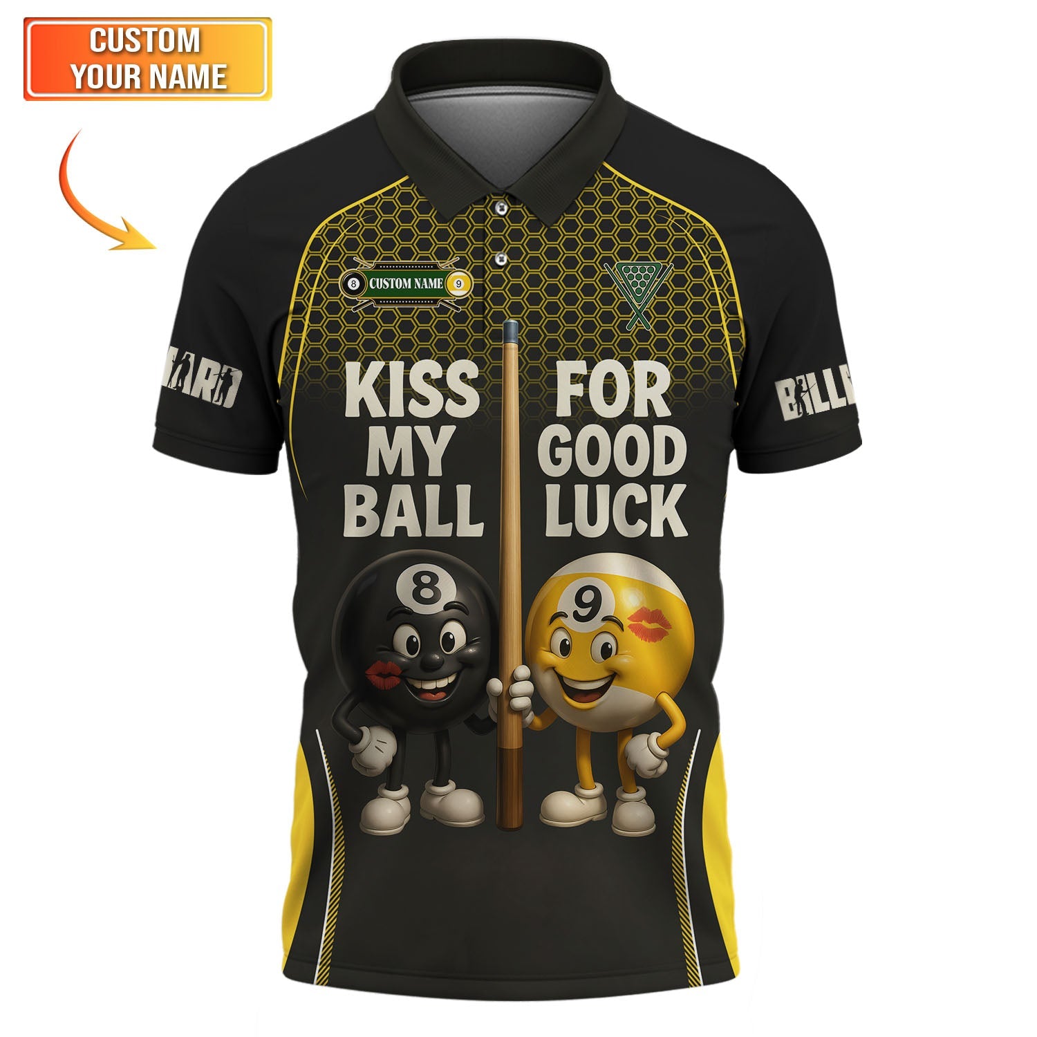Funny Billiards Shirt, “Kiss My Ball for Good Luck” Custom Name Shirts, Gift for Billiard Players