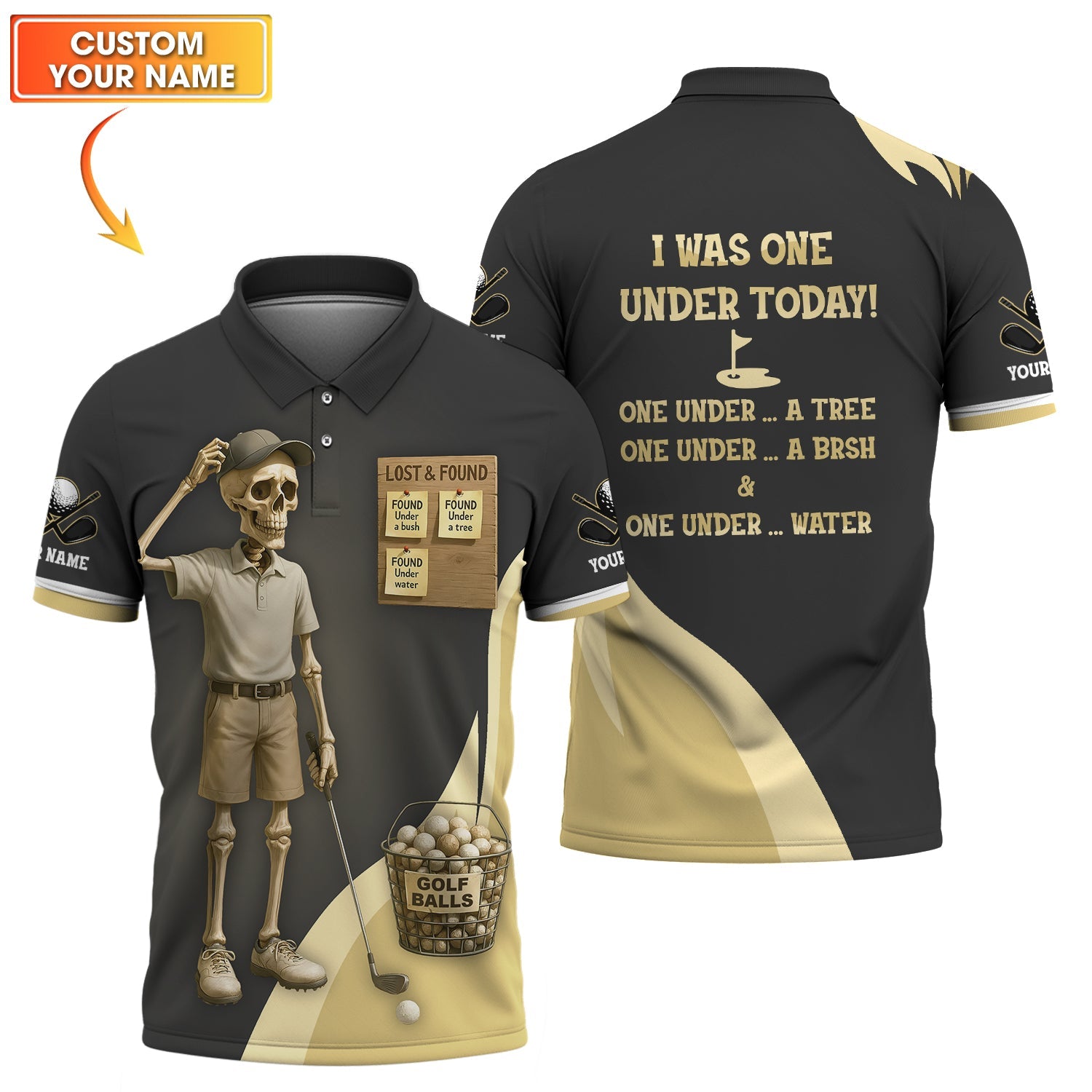 Custom Funny Skeleton Golf Shirt – Black Khaki Tee with “One Under” Lost Balls Quote