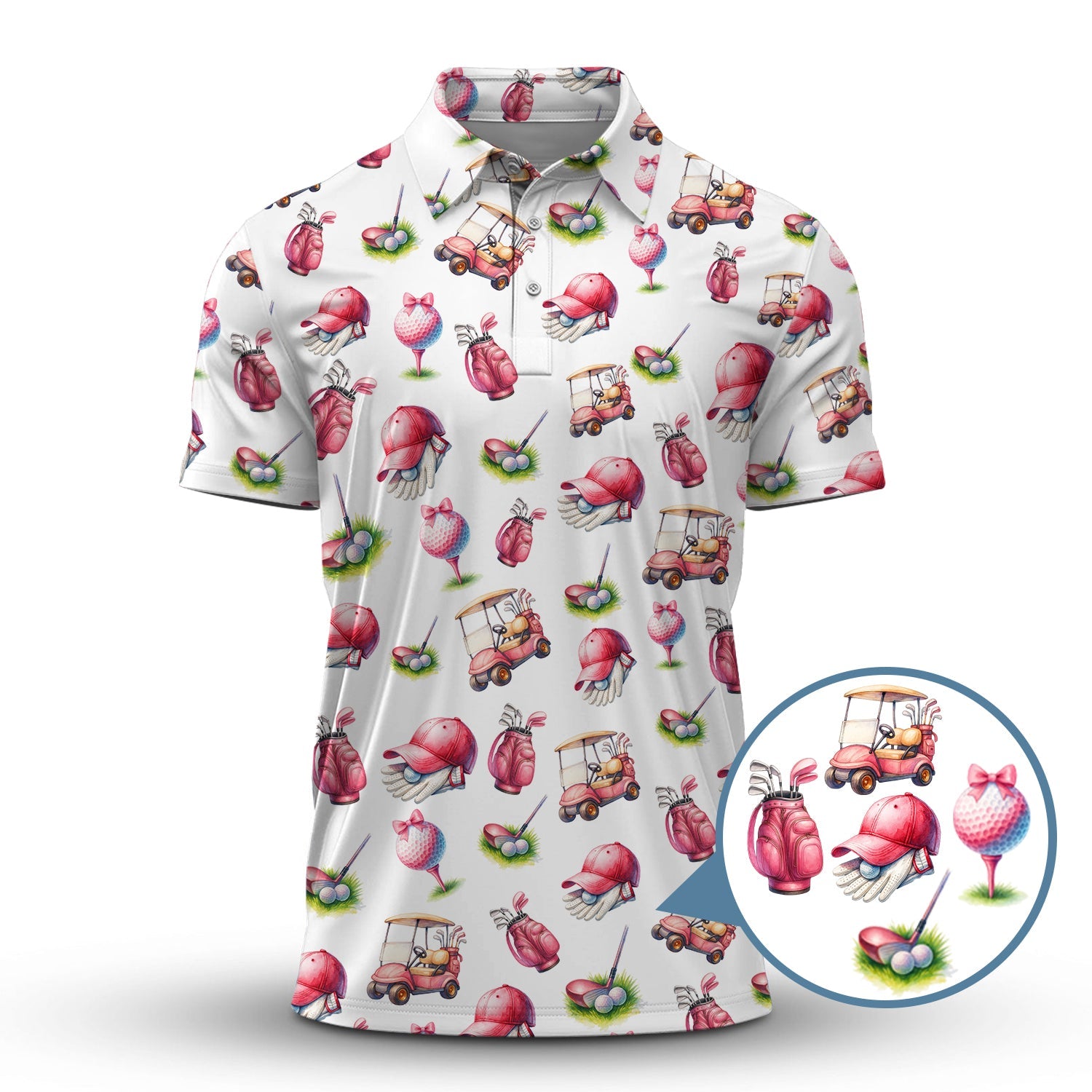 Pink Golf Pattern Polos, Women’s Golf Shirt, Golf Shirts For Ladies