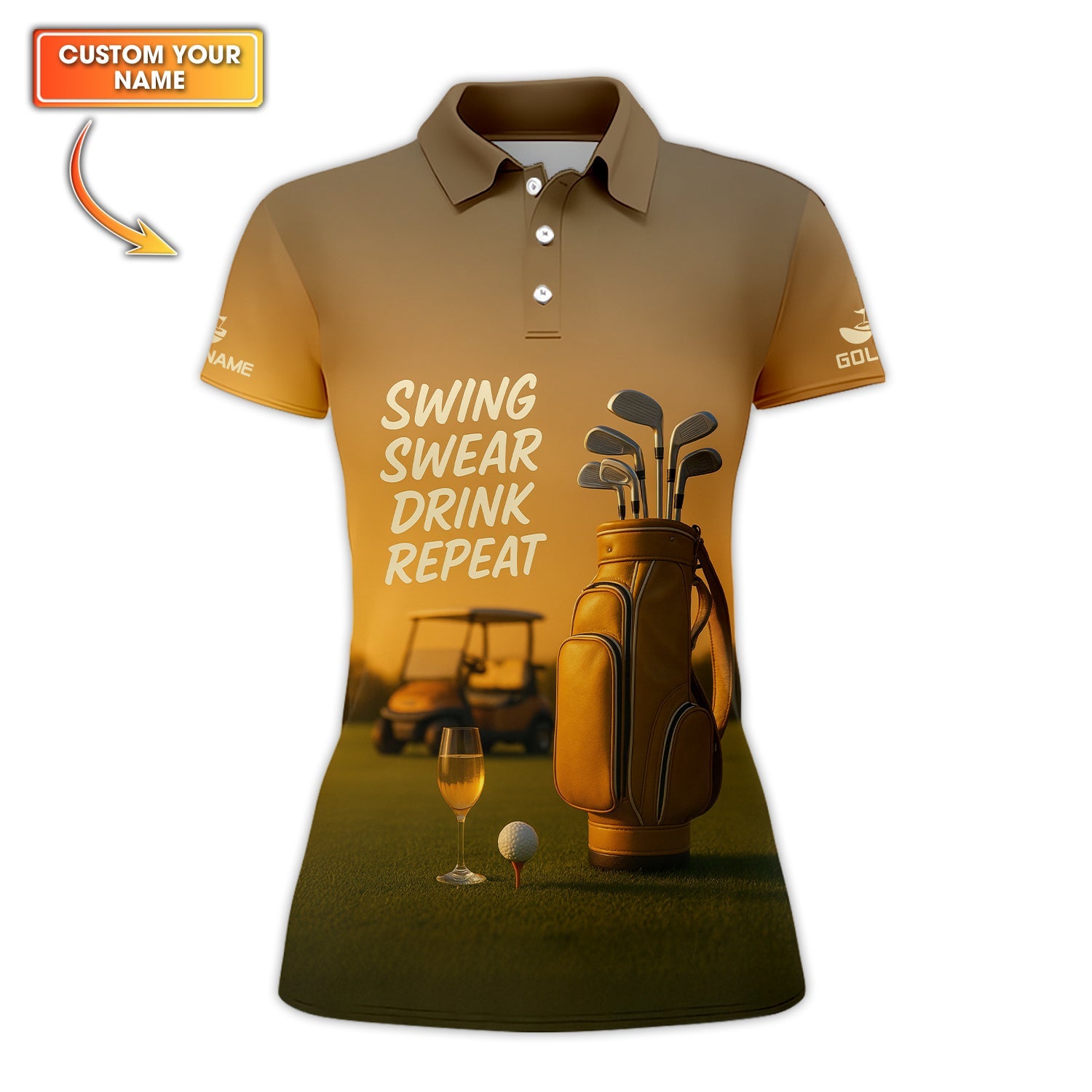 Swing Swear Drink Repeat Golf Wine Polos, Yellow Golf Shirt, Funny Golf Shirts For Golfers