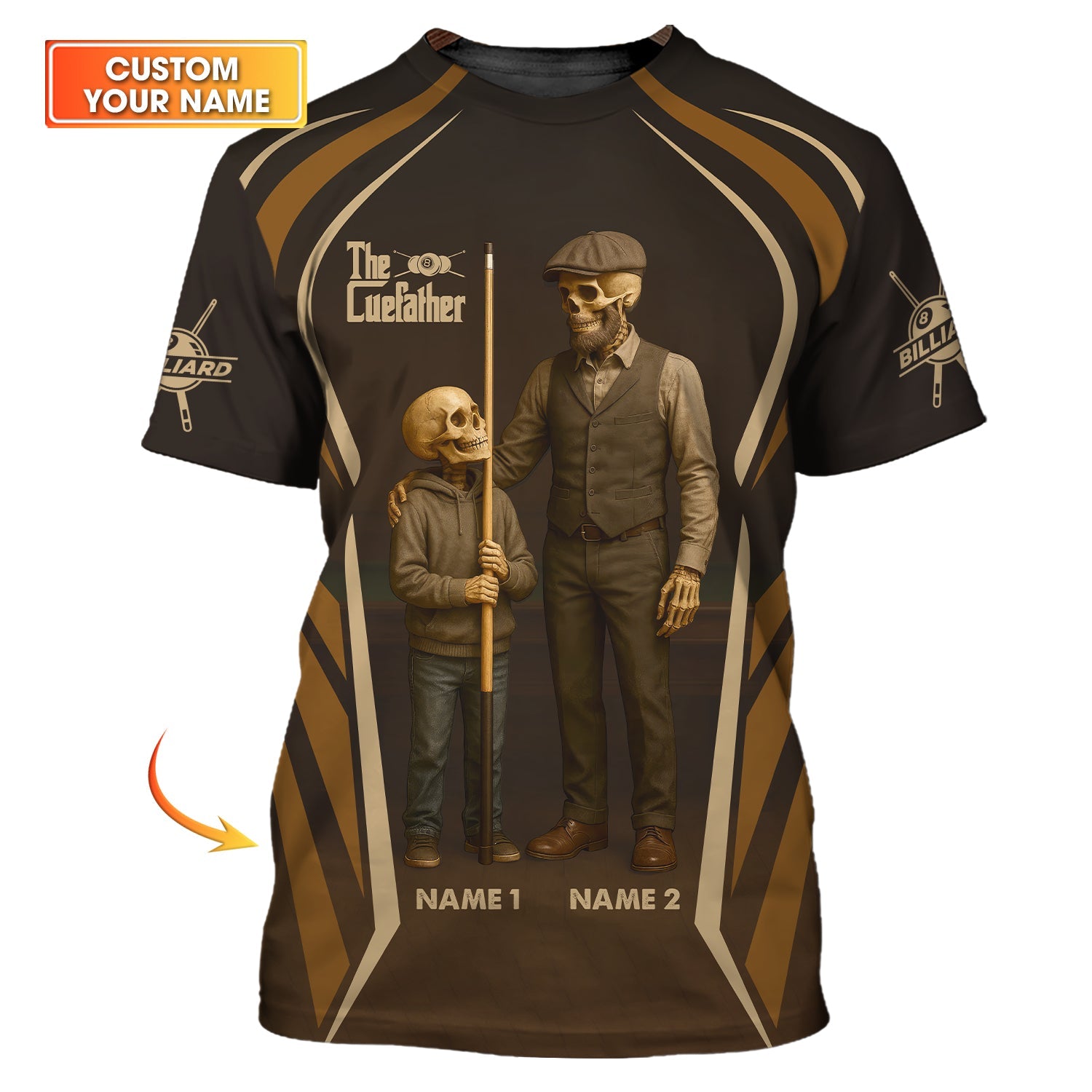 Billiards T Shirt The CueFather Skeleton Pool Player Tee Brown Father Son Gift for Dad