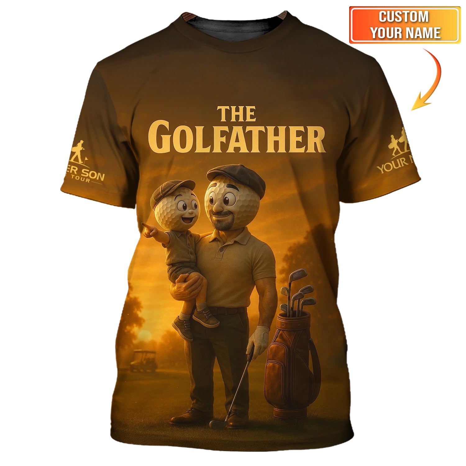 Custom Brown Golf Dad Shirt – The Golfather Father Son Golf Sunset Scene Tee