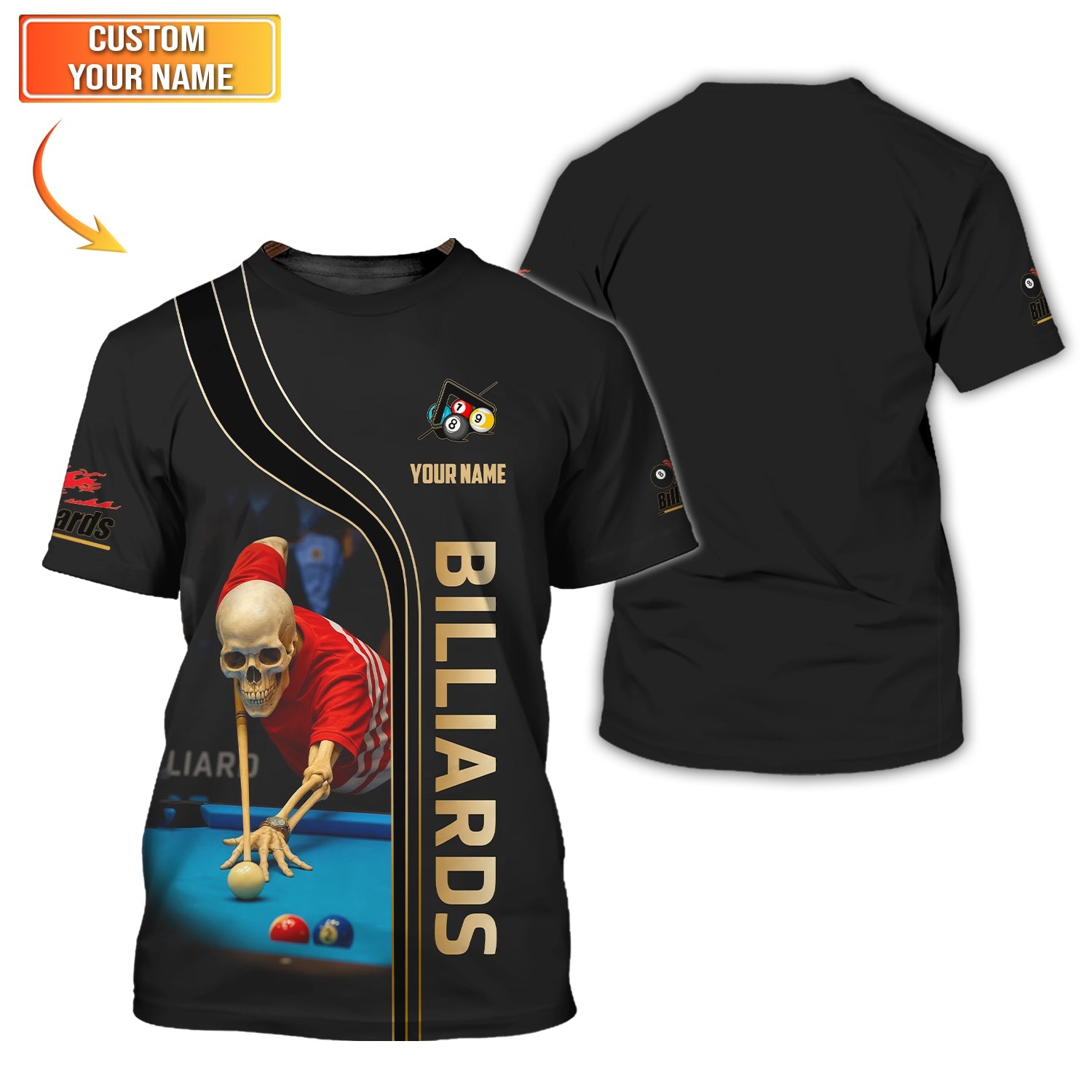 Funny Skeleton Billiards Shirt Custom Name, Pool Player Sport Tee for Men, Cool Gift for Cue Lovers, Bar League, Tournaments & Father’s Day Gift