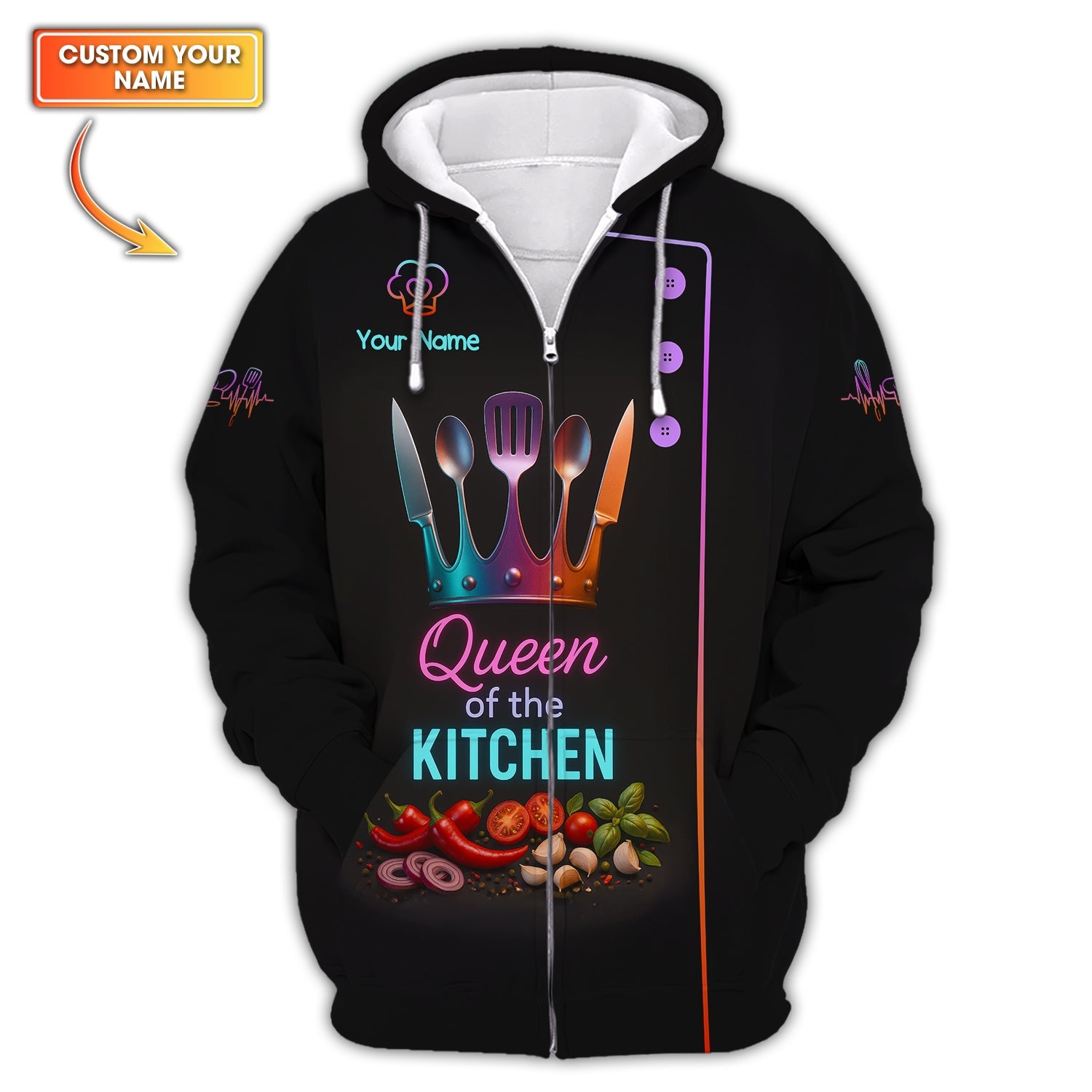 Custom Name Queen of the Kitchen Shirt, Colorful Chef Uniform For Women Cooks