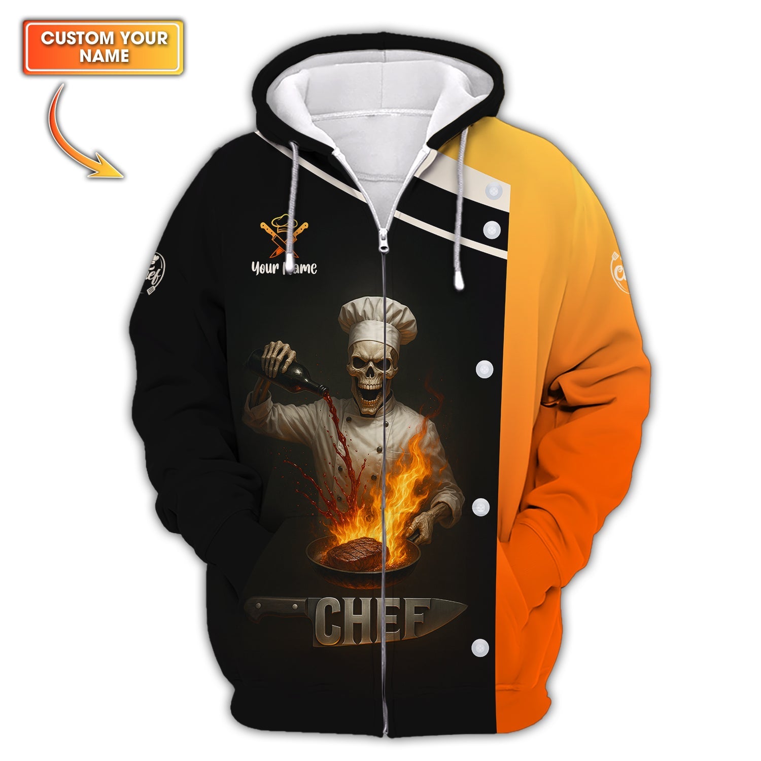 Flaming Skull Chef Shirts, Custom Name Skeleton Cooking Shirt, Funny Chef Uniform