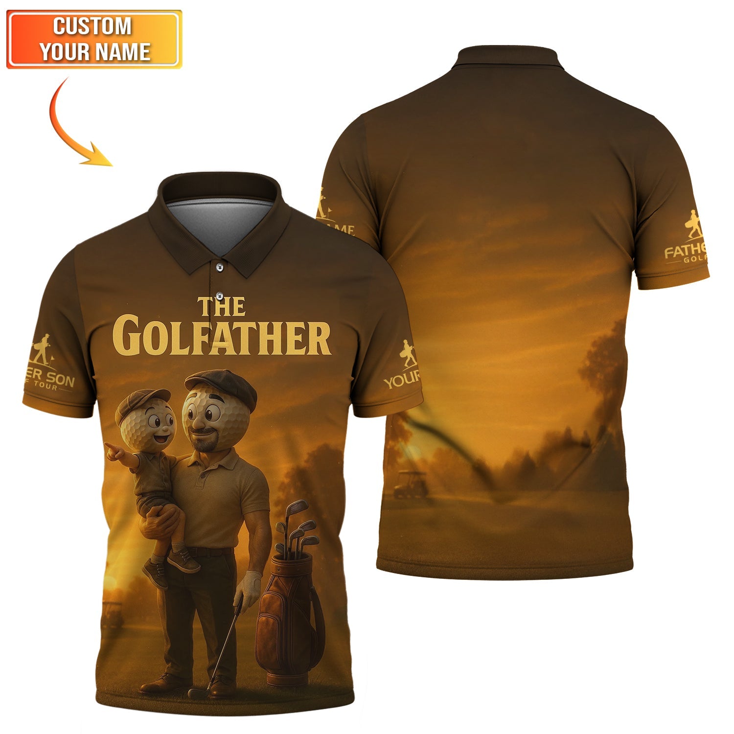 Custom Brown Golf Dad Shirt – The Golfather Father Son Golf Sunset Scene Tee