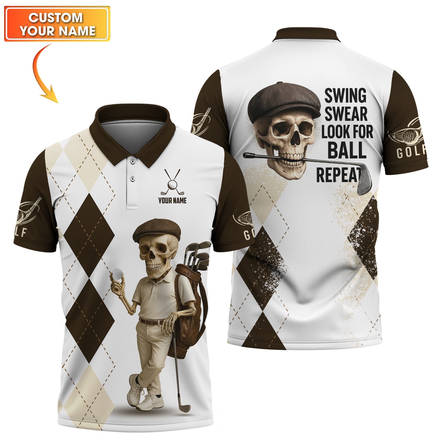 Custom White Brown Golf Shirt – Skeleton Golfer Design with Quote “Swing Swear Look for Ball”