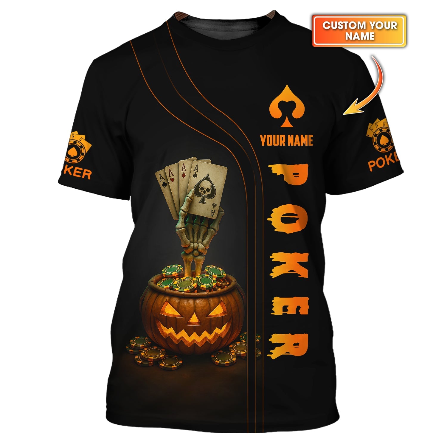 Poker Halloween Shirt, Funny Poker T-Shirt, Custom Name Skeleton Pumpkin Poker Polos