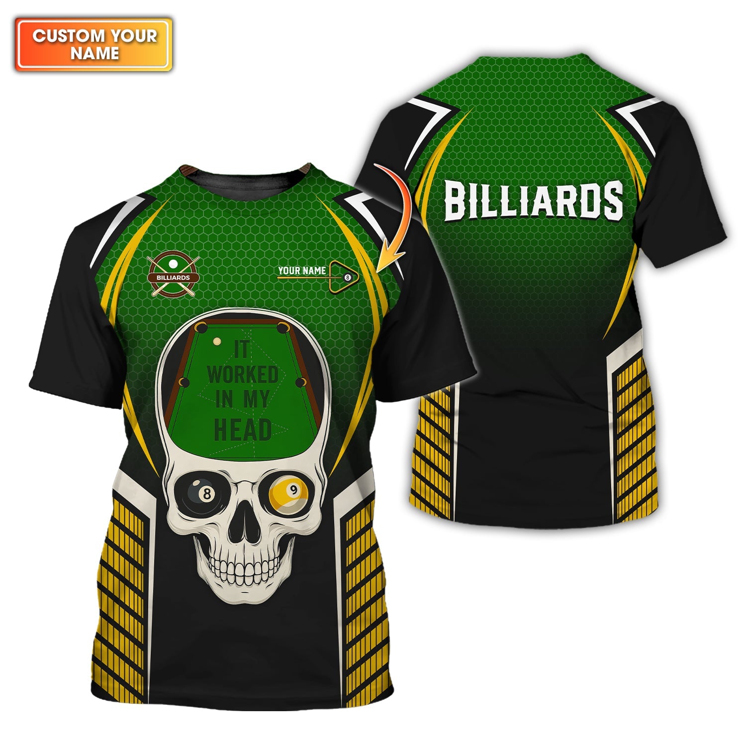 Custom Name It Worked In My Head Billiards Shirts, Funny Skull Pool Jersey For Men, Billiard Tee Shirt
