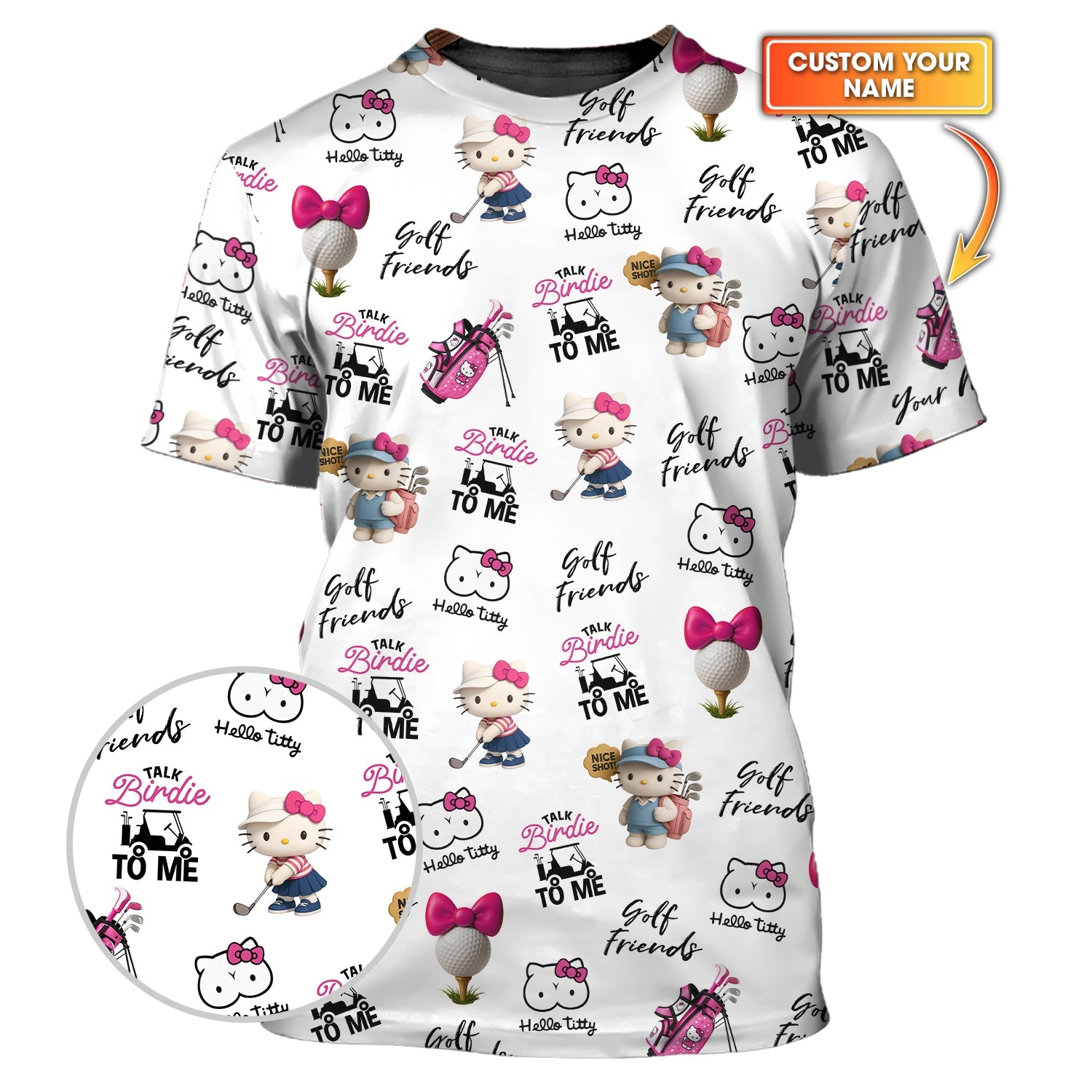 Hello Kitty Pattern Golf Shirt, Talk Birdie To Me Custom Womens Golf Polo Shirt, Gift For Golf Friend