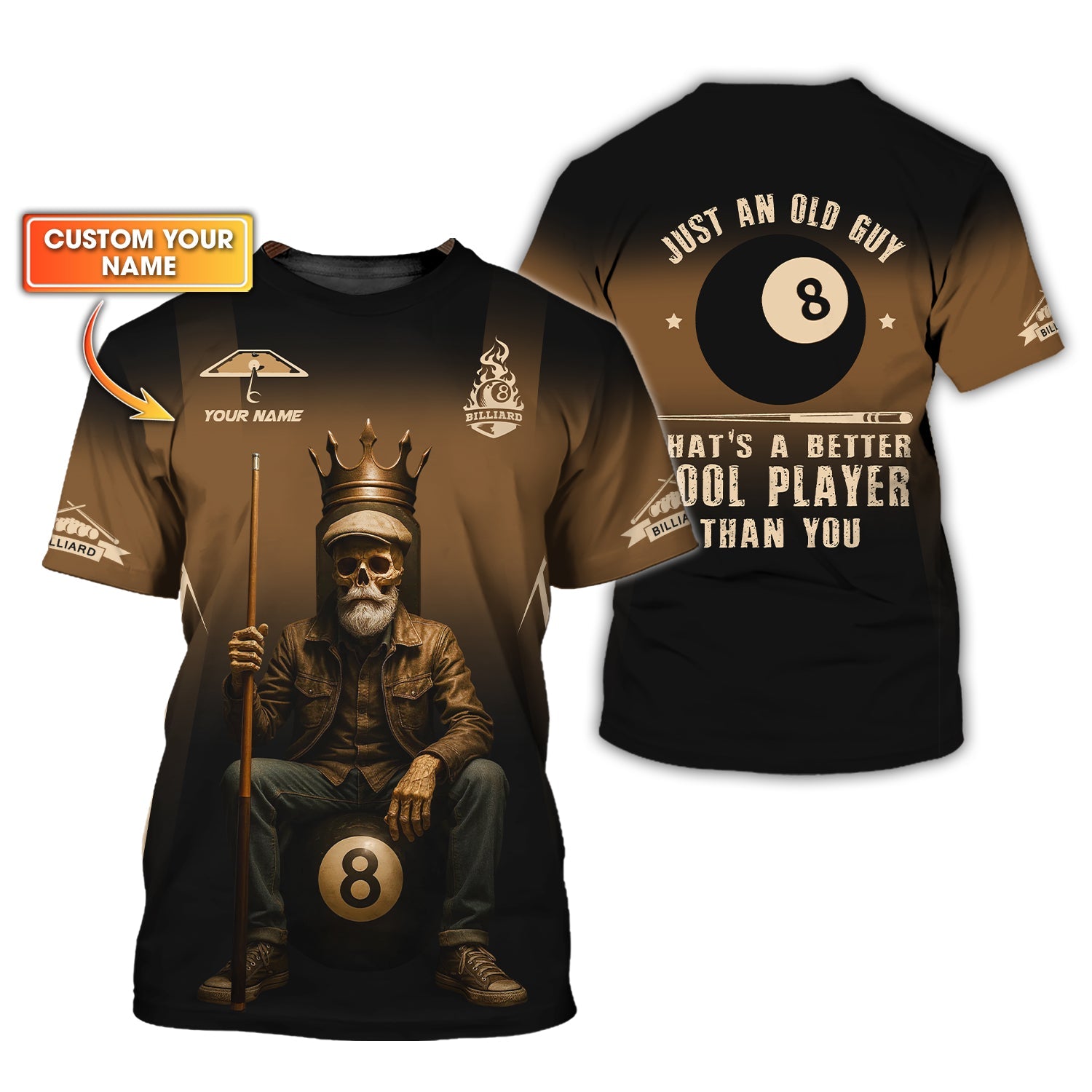 Billiards T Shirt Old Man Skeleton, 8 Ball Pool King Tee Custom