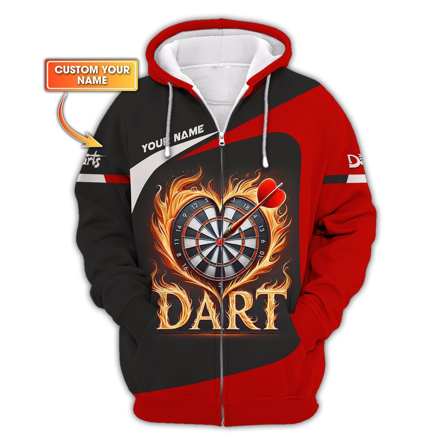 Custom Name With Fire Darts Zipper Hoodie, Personalized Darts Shirts, Dart Team Shirts, Gift For Darts Lovers