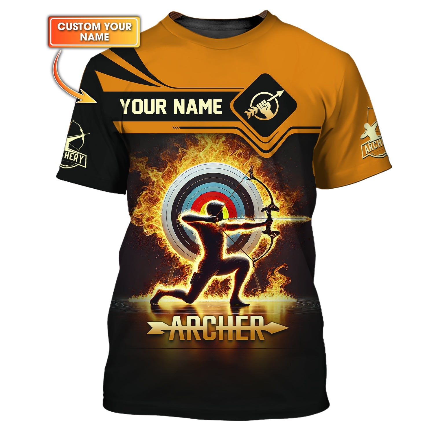 Archery Target Fire Custom Name T-Shirt 3D, Archery Polo Shirts, Lightweight Sportswear, Gift for Archers