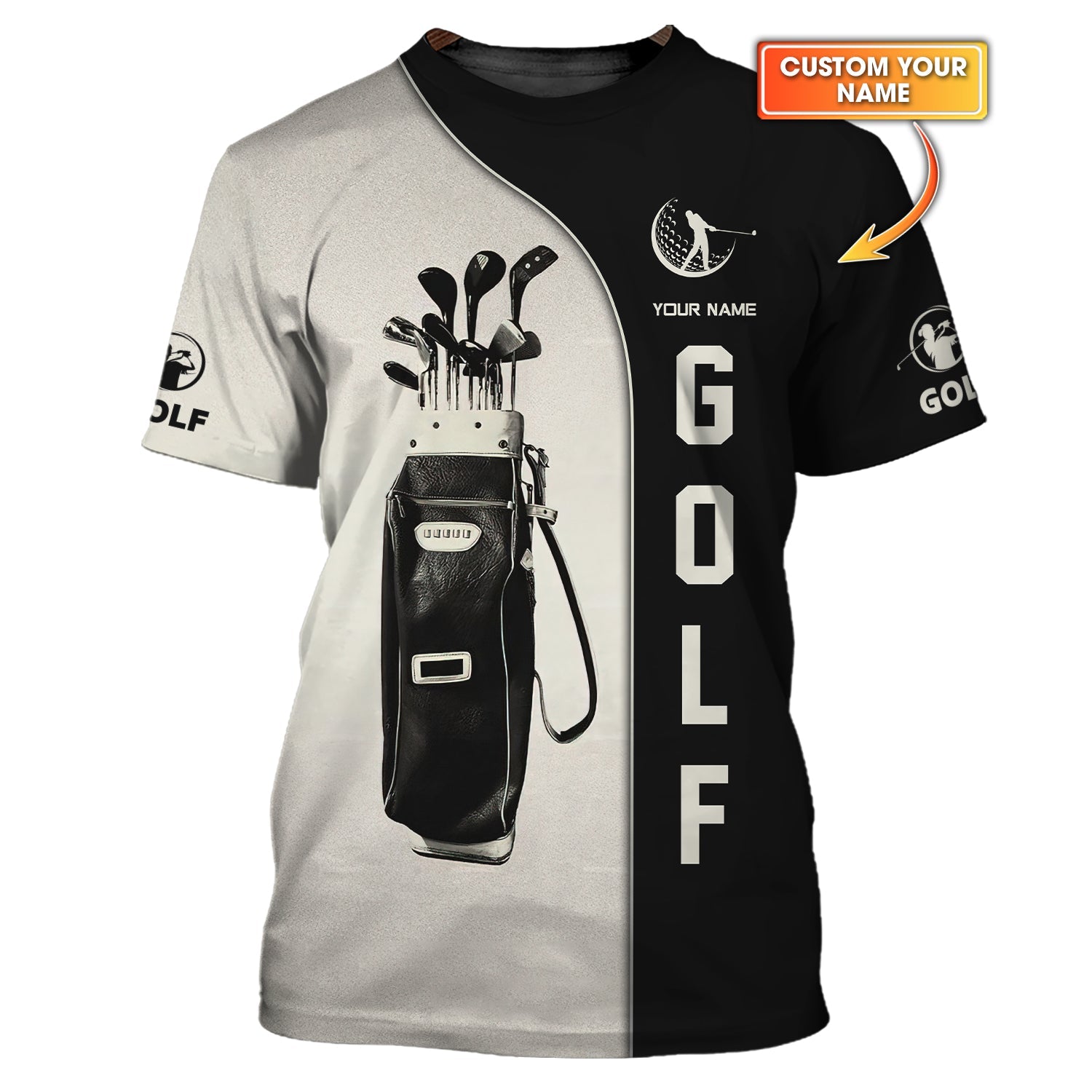 Custom 3D Golf Shirt – Black & White Vintage Golf Bag Design, Personalized Golf Apparel, Golf Gift