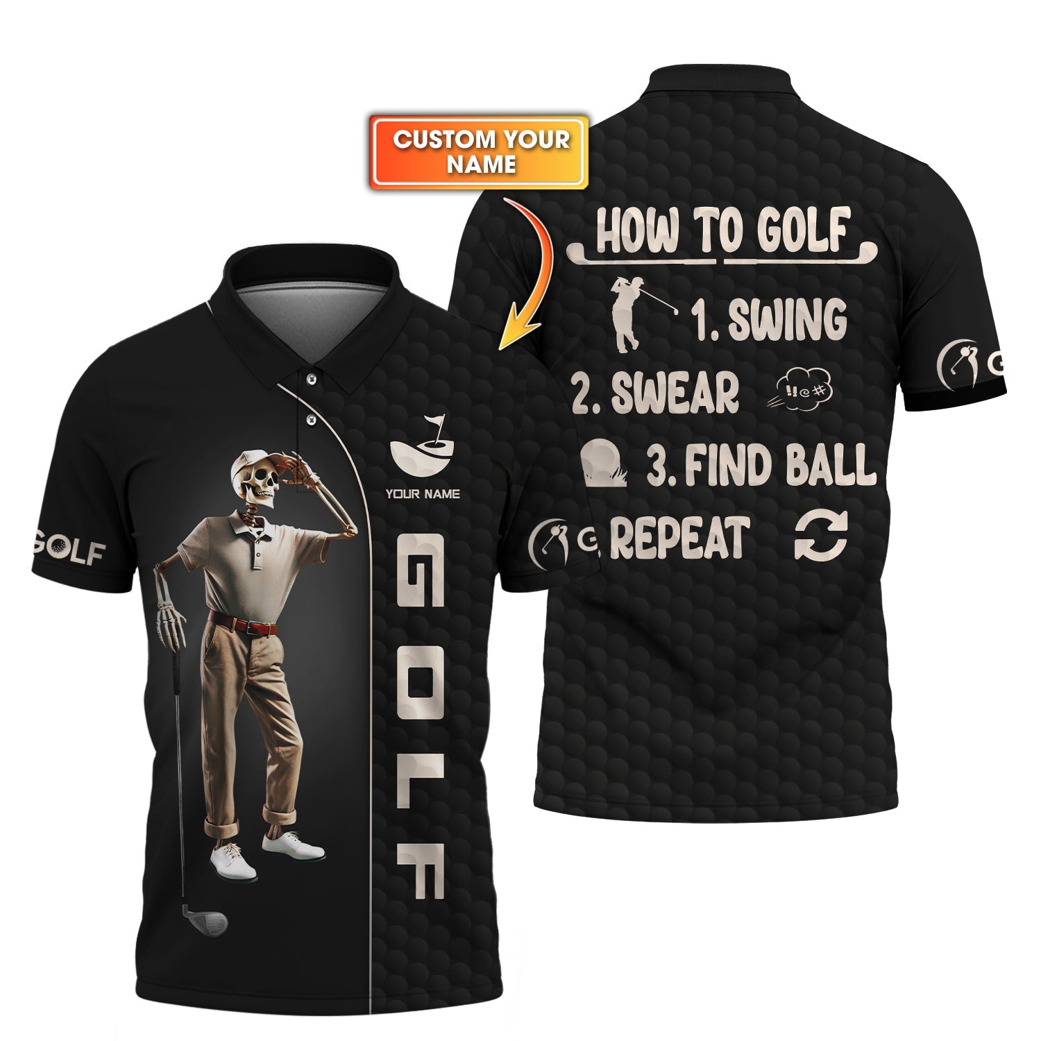 Funny Skeleton Golf Shirt – How to Golf Steps – Custom Name Tee for Players & Beer League