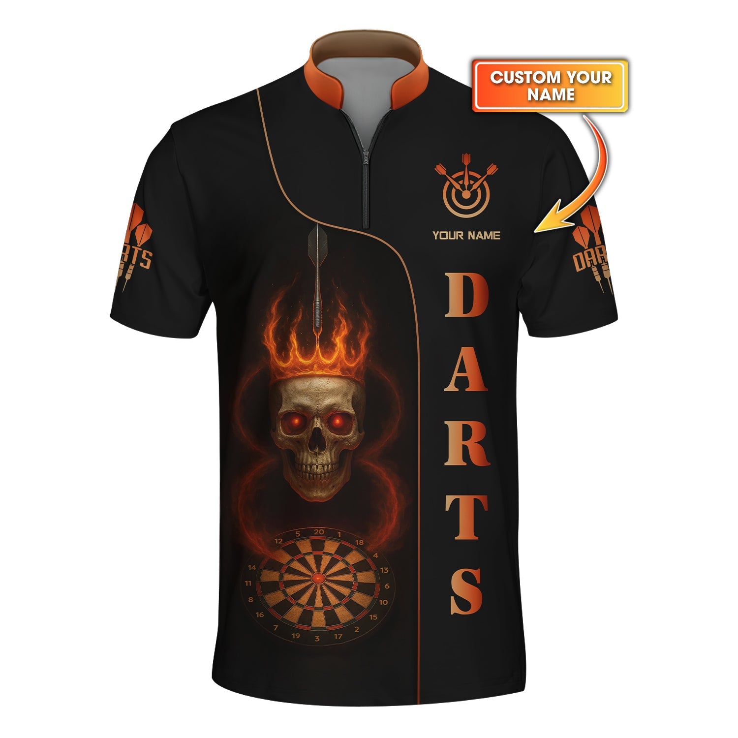 Flaming Skull Darts Shirt, Custom Name Dart Polos For Men, Darts Clothing