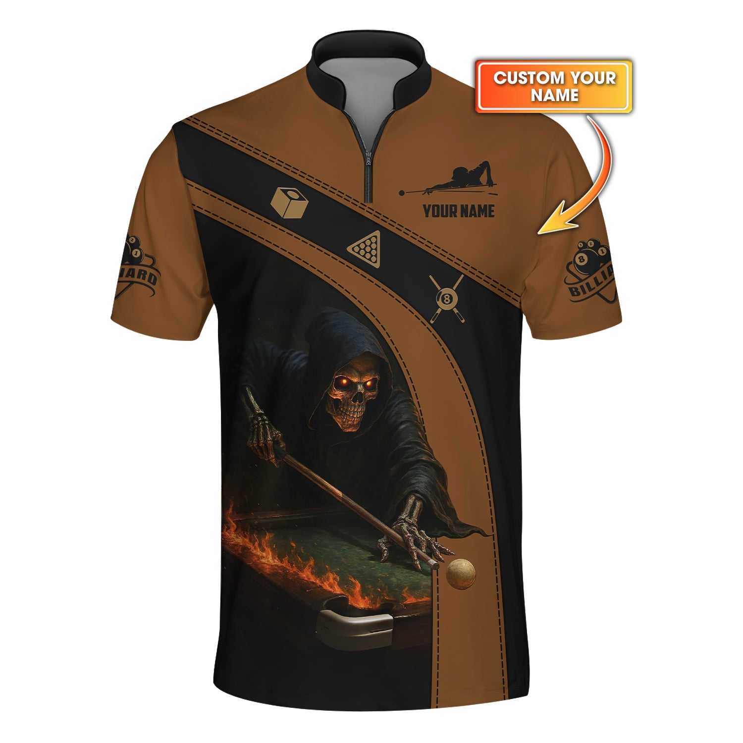 Billiards T Shirt Grim Reaper Pool Player Tee Custom Black Brown Flaming Table Design