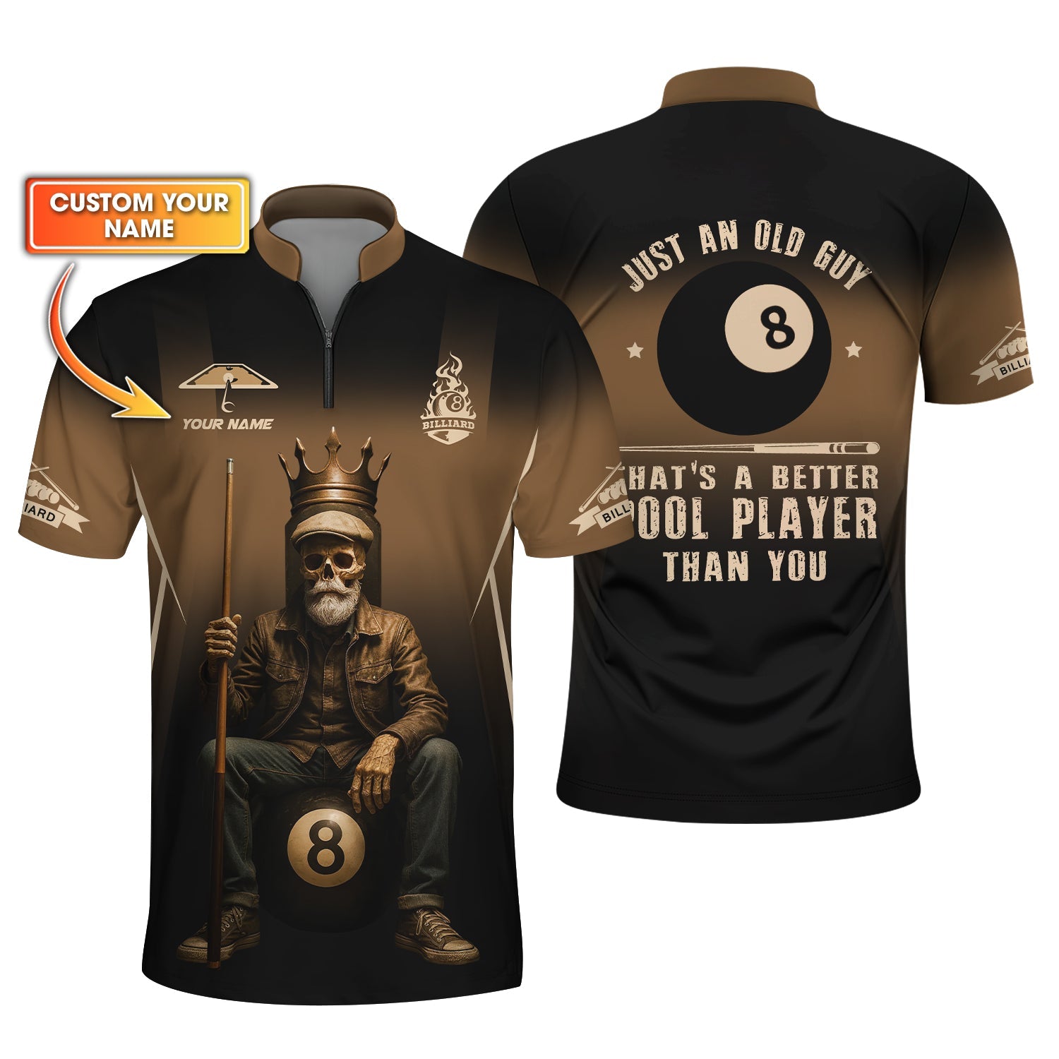 Billiards T Shirt Old Man Skeleton, 8 Ball Pool King Tee Custom