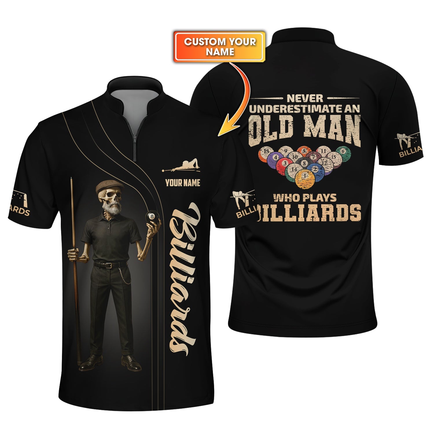 Old Man 9 Ball Pool Billiard Ball Custom Jersey, Skull Billiard Player Gifts For Men
