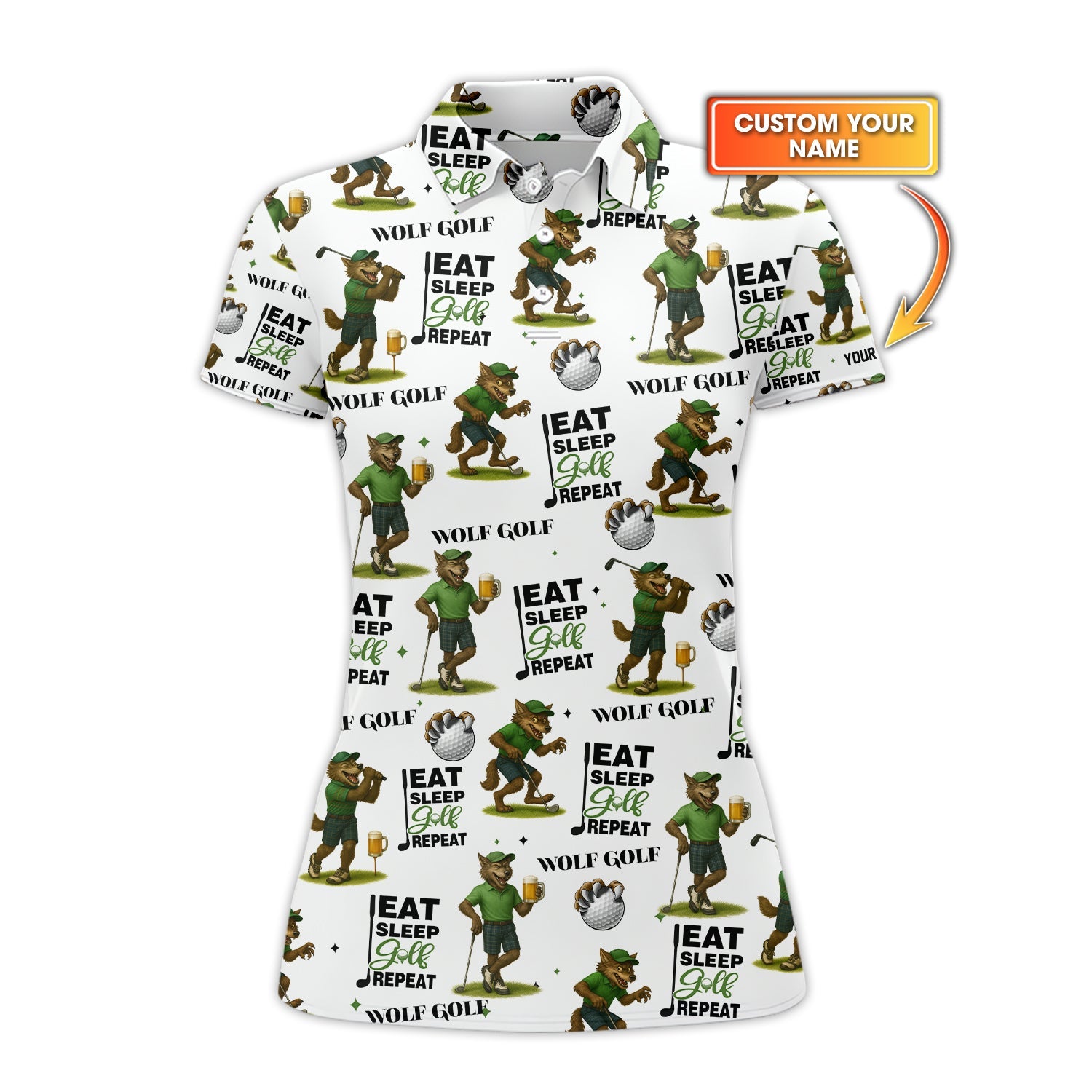 Eat Sleep Golf Repeat Wolf Golf Shirt – Customizable Golf Tee  – Funny Golf & Beer Polo Shirt for Golfers
