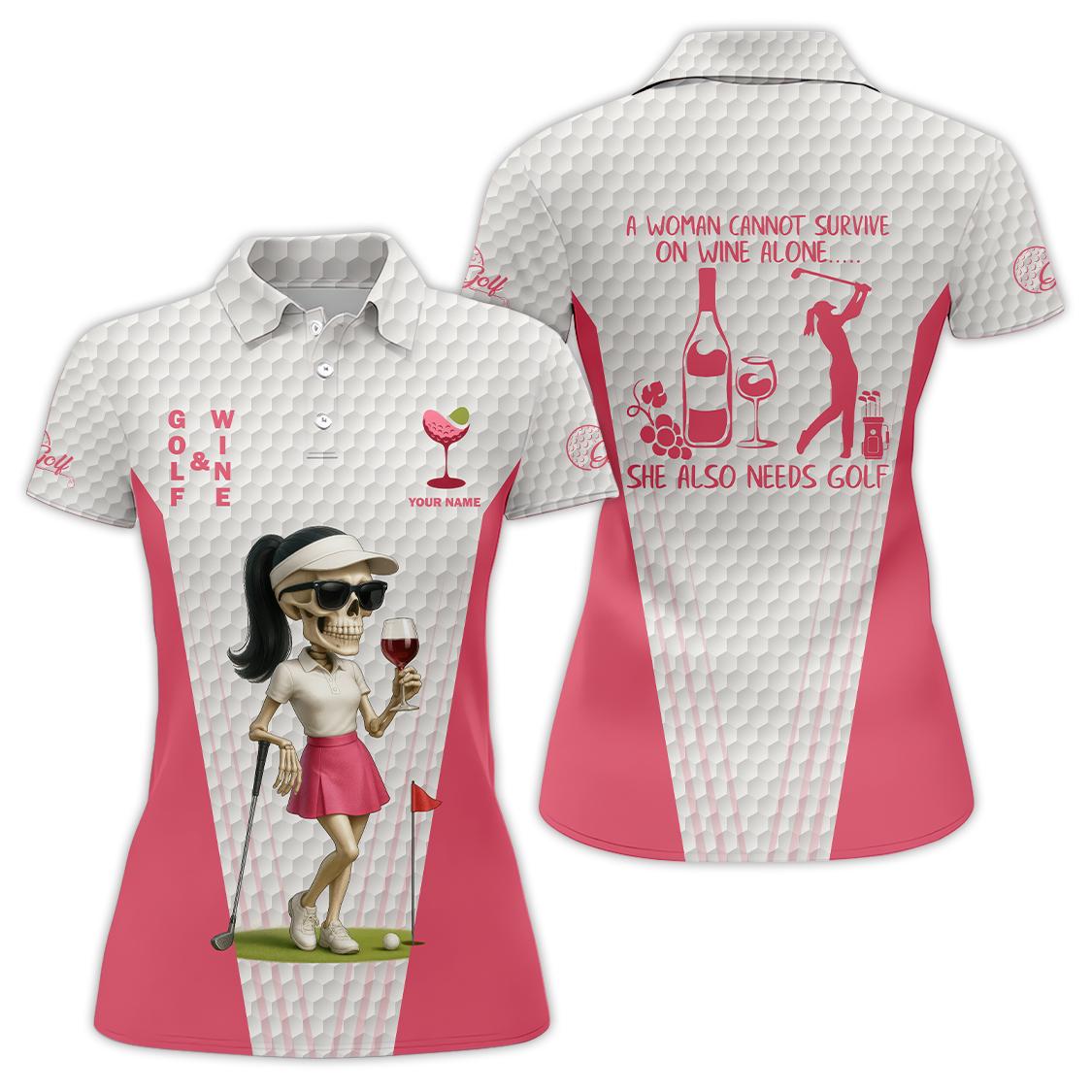 Custom Women Golf Polo Shirt, Funny Skeleton Lady Tee, Wine And Golf Lover Gift for Golfer