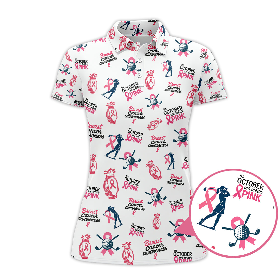 Breast Cancer Golf Shirt, In October We Wear Pink Shirts, Pattern Golf Polos For Women's