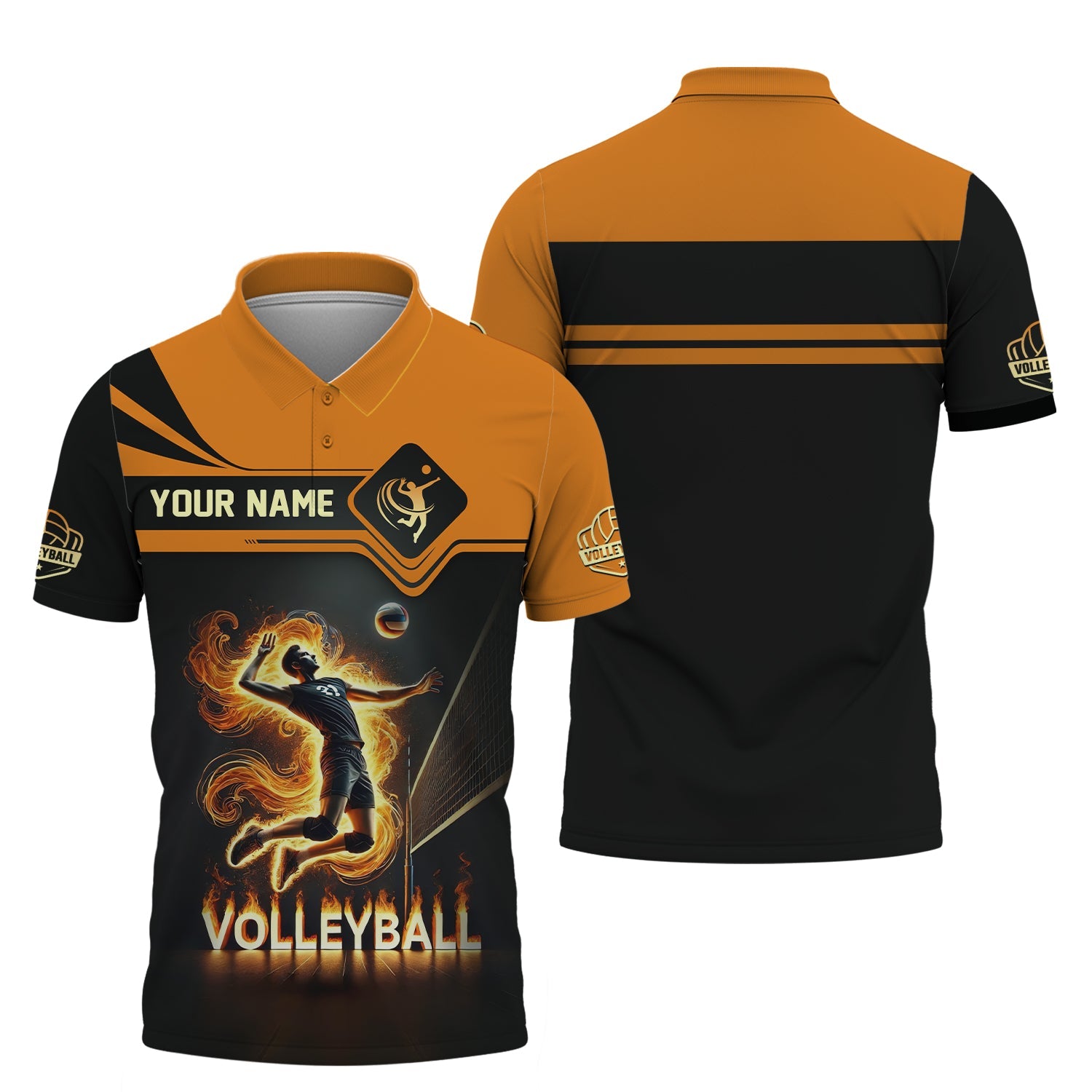 Orange Flames Male Athlete Volleyball Custom Name T-Shirt, Personalized Volleyball Jerseys, Volleyball Gift