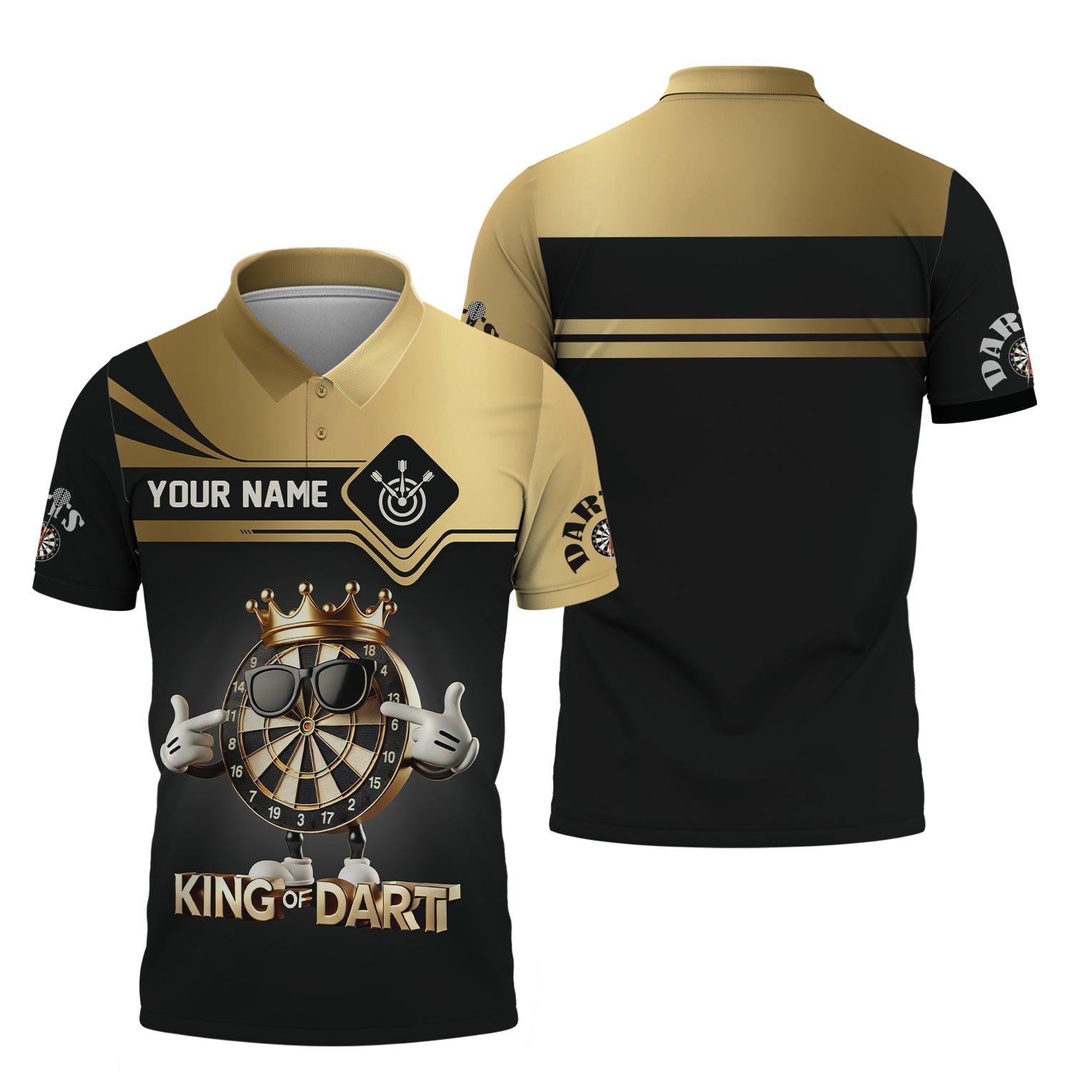Custom Name King of Darts T Shirt, Gold and Black Cool Dartboard, Gift For Darts Lovers