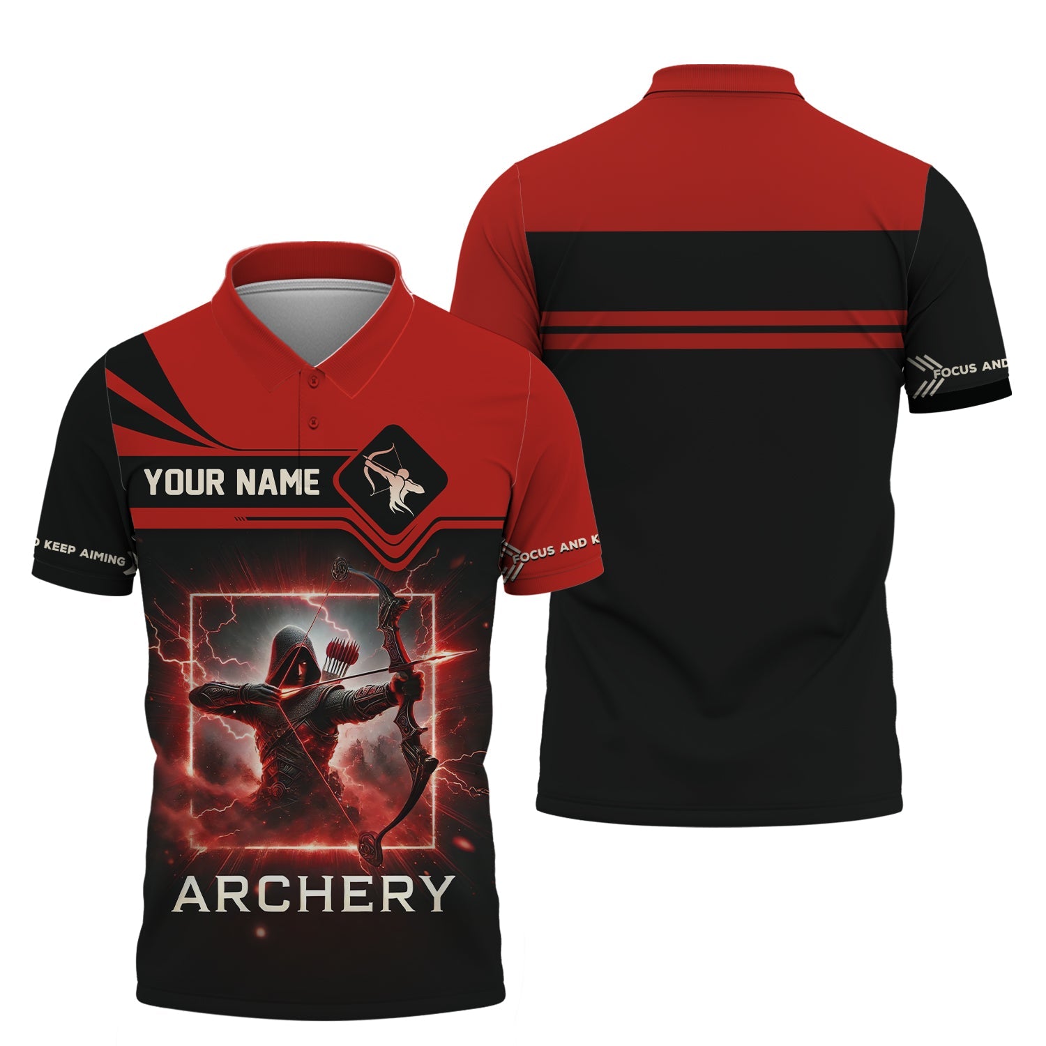 Focus and Keep Aiming Archer Lightning Red & Black T-Shirt, Archery Jersey, Gift for Archers