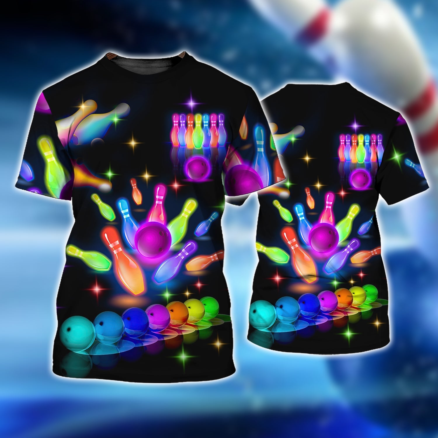Bowling Party Neon with Purple Balls and White Pins on the Bright Pink 3D Tshirt