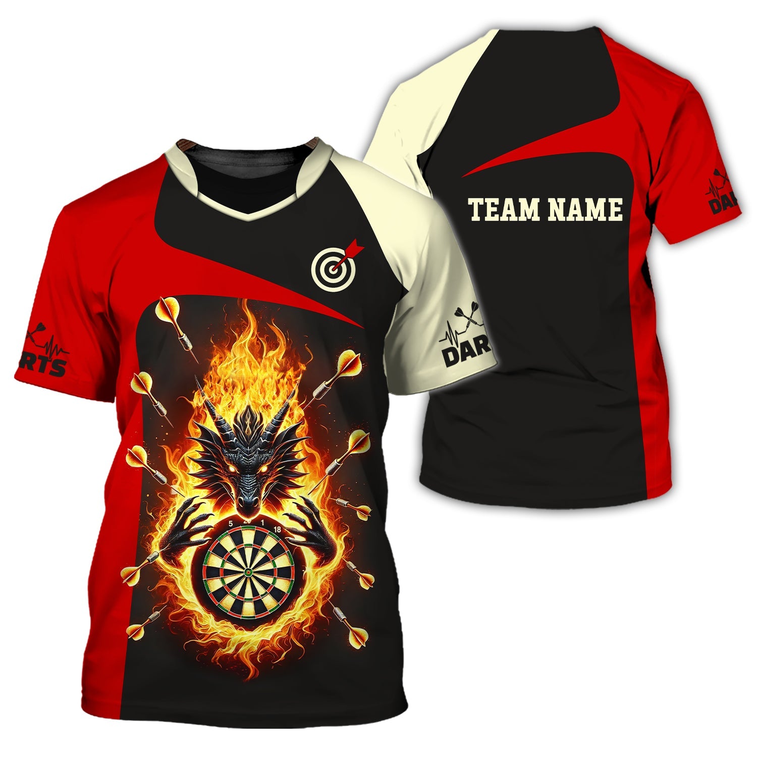 Darts Target Custom Team Name 3D T-Shirt Dragon, Polo Shirt For Darts Player, Darts Shirts, Gift For Darts Lovers