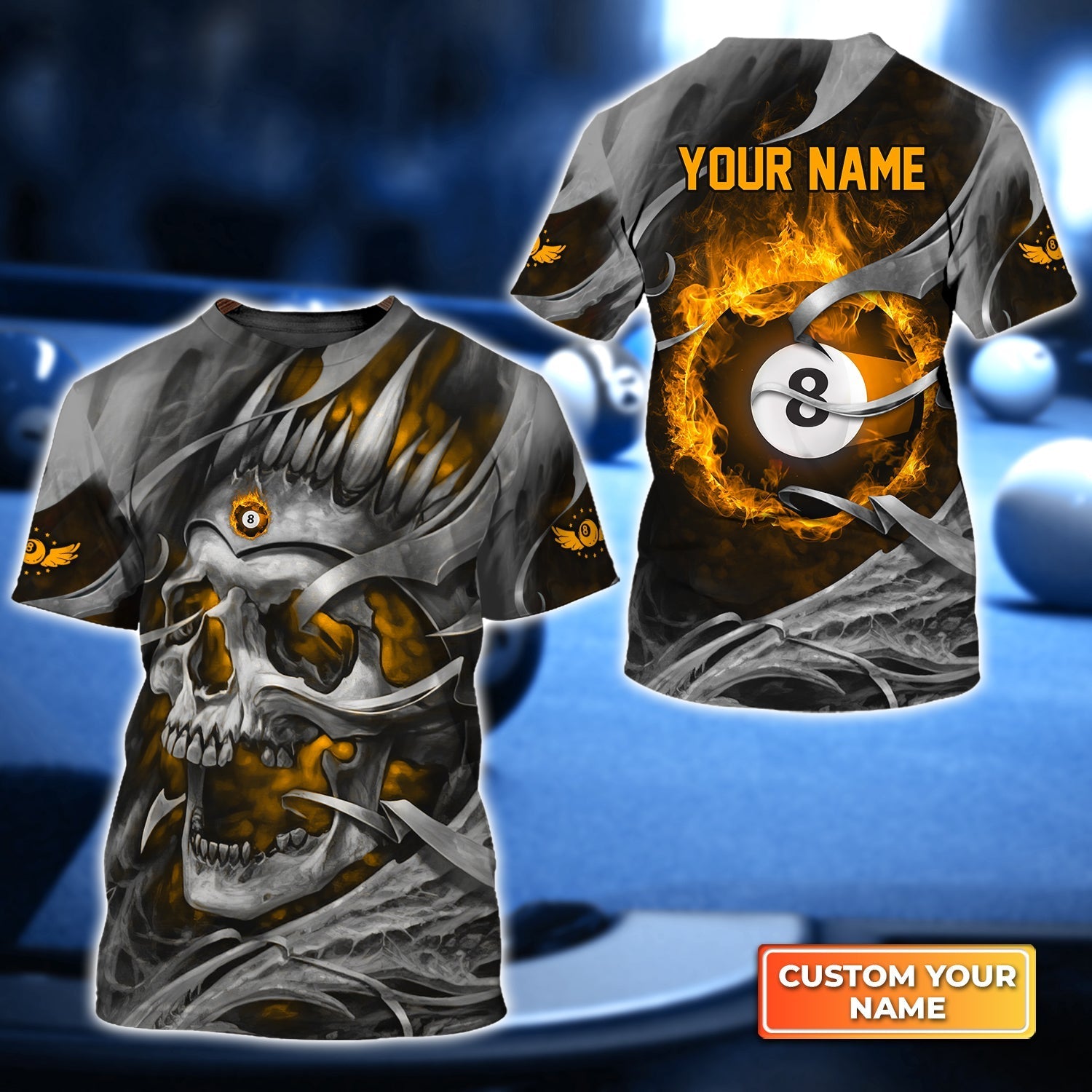 Yellow Skull Reaper Pool 8 Ball Personalized Name 3D Tshirt Gift For Billiard Players