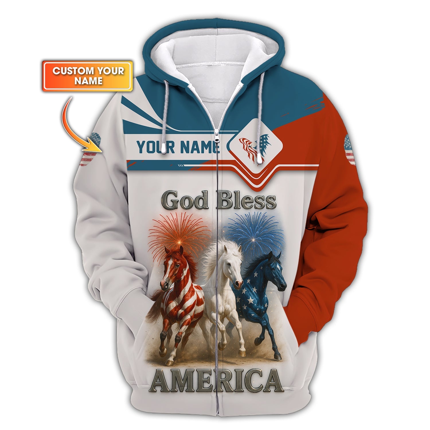 God Bless America Shirt, Patriotic Horses With USA Flag Custom Name Shirts For American