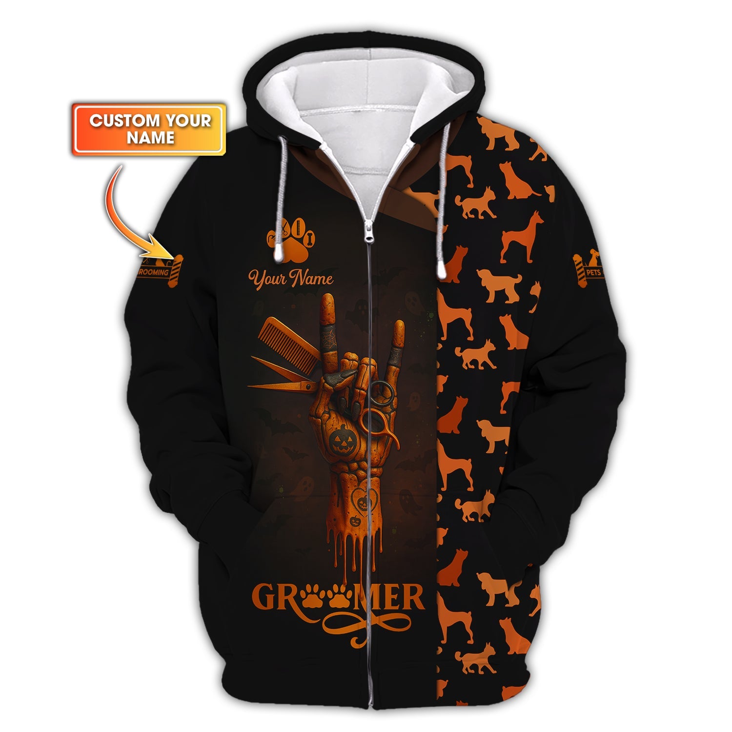 Custom Name Halloween Groomer Shirt, Dog Grooming Uniform with Skeleton Hand and Pet Silhouette Pattern