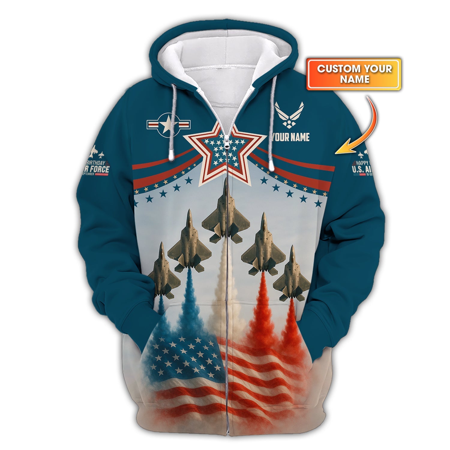 Custom Name Jet Flyover American Flag Patriotic Shirt, U.S. Air Force Polo For Veteran