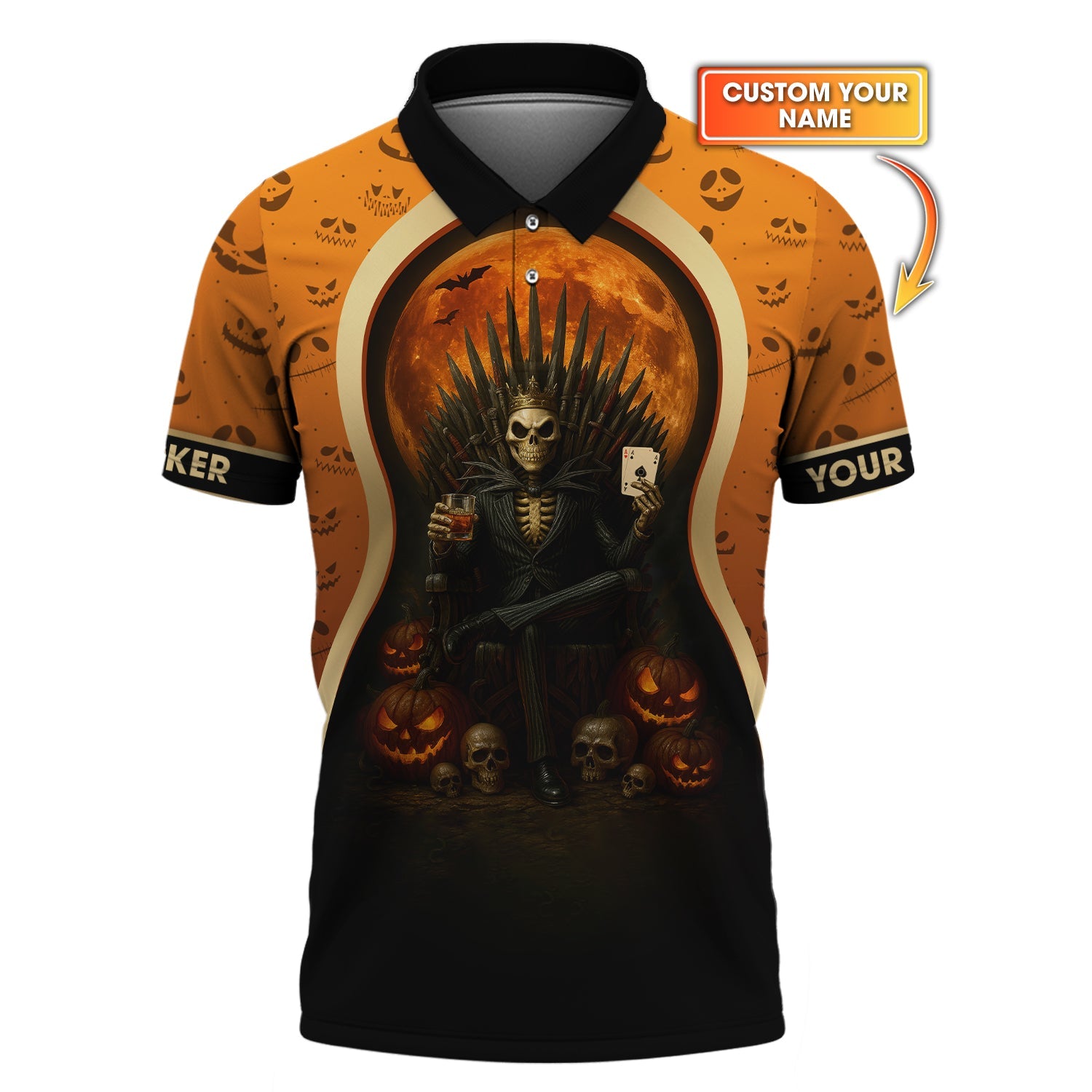 Personalized Name Skeleton Poker Polos, Poker Halloween Shirt, Funny Poker T-Shirt For Men's