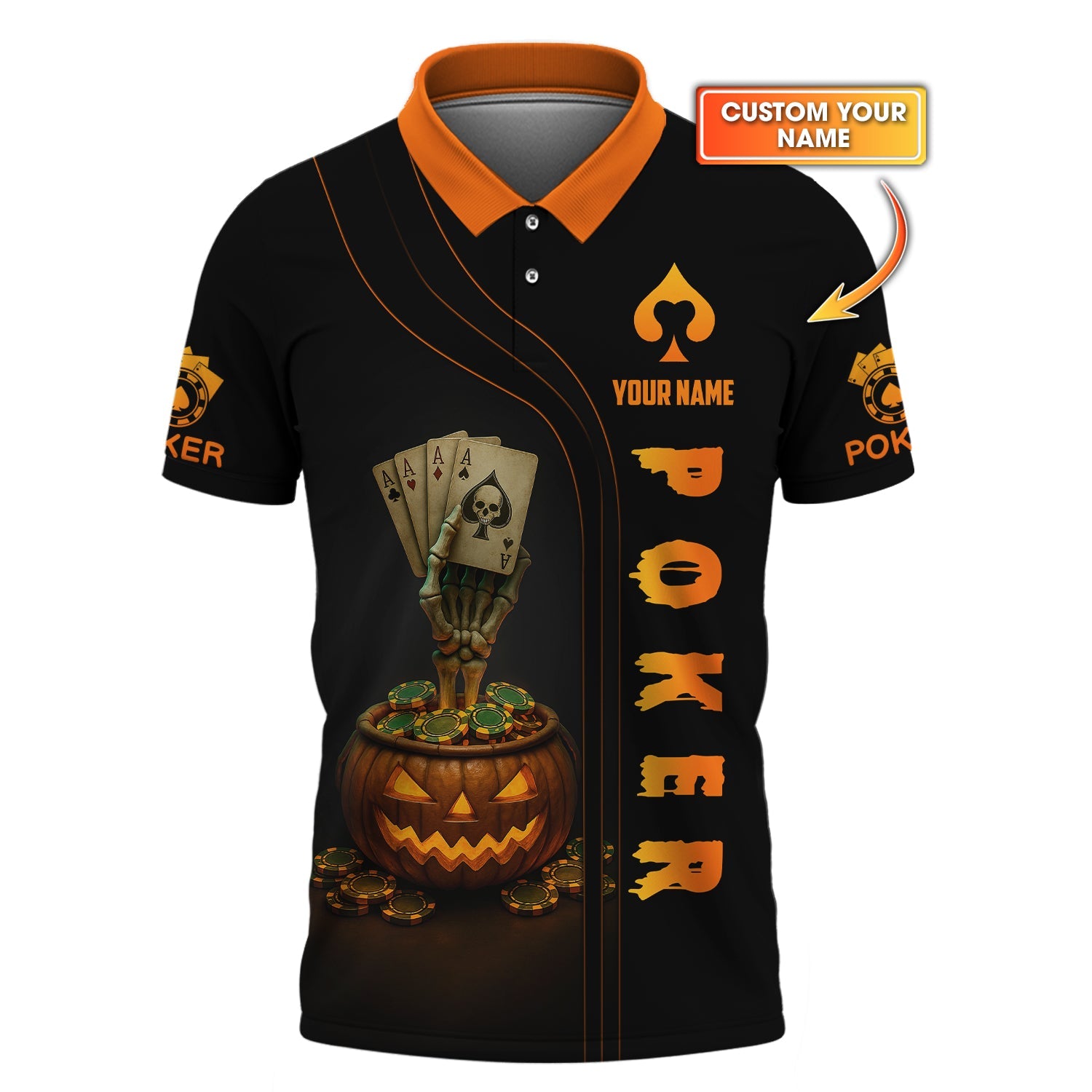 Poker Halloween Shirt, Funny Poker T-Shirt, Custom Name Skeleton Pumpkin Poker Polos