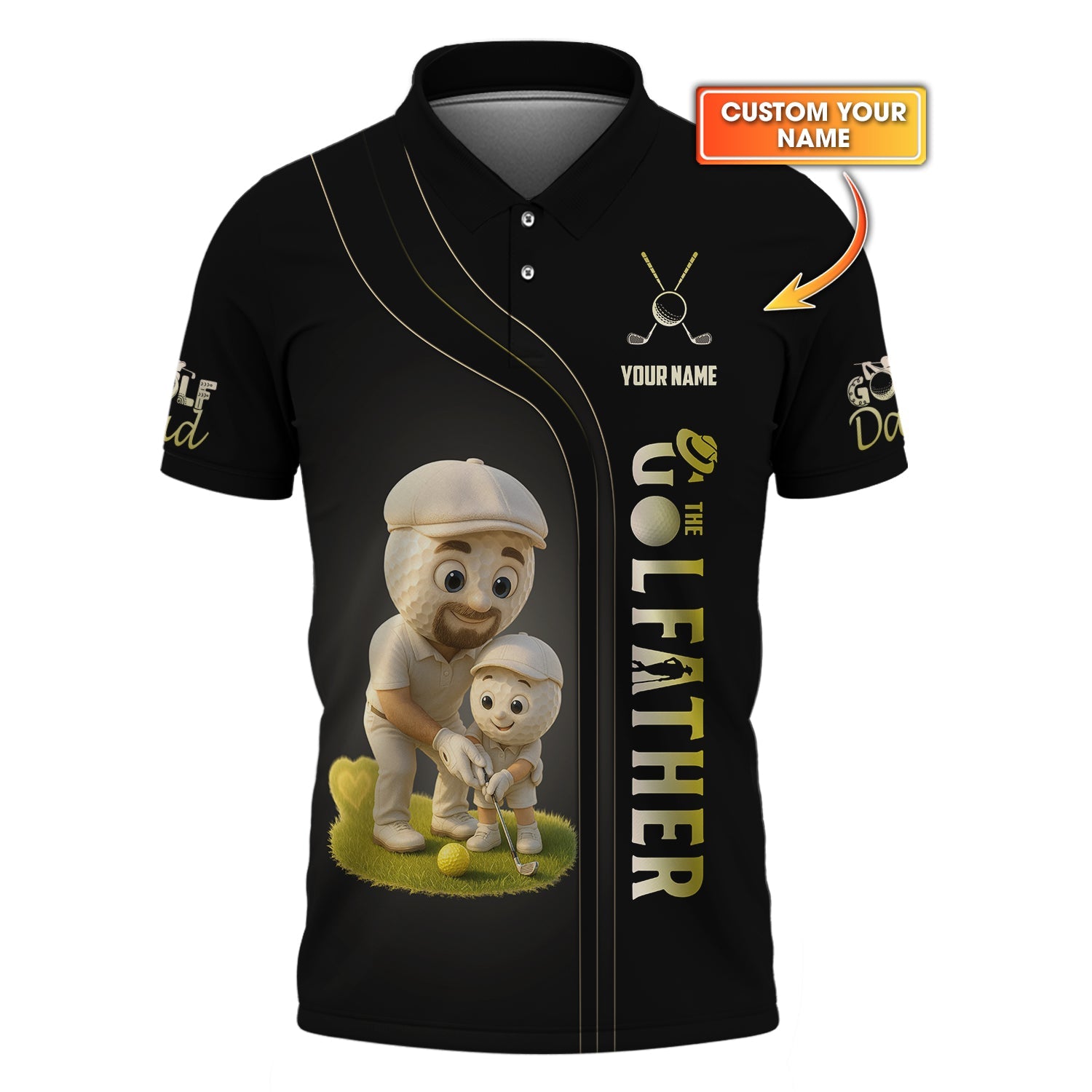 Custom Black Golf Dad Shirt – The Golfather Quote Tee with Cute Golf Ball Characters