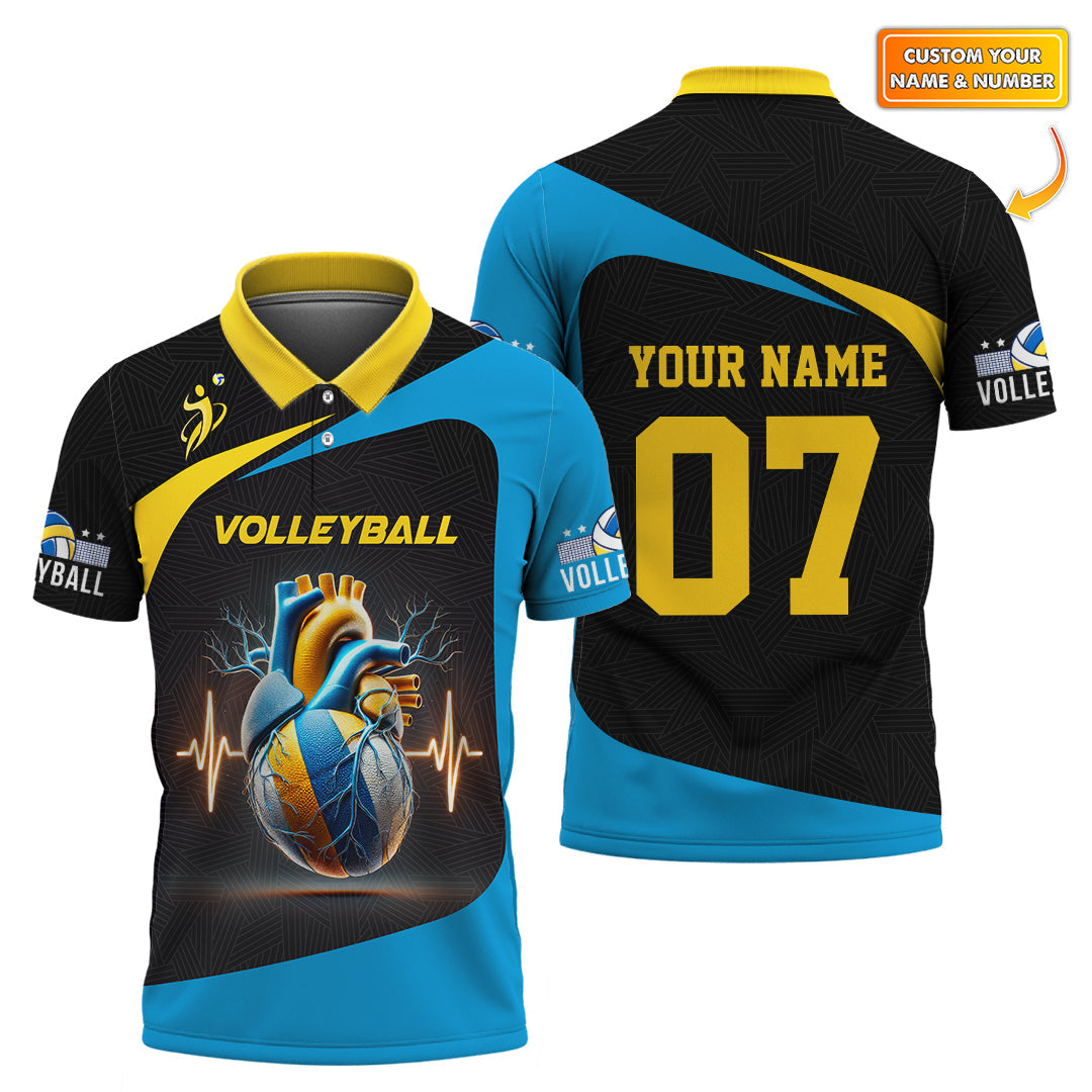 Custom Volleyball Shirt – Blue Heartbeat Design – Personalized Jersey with Name and Number