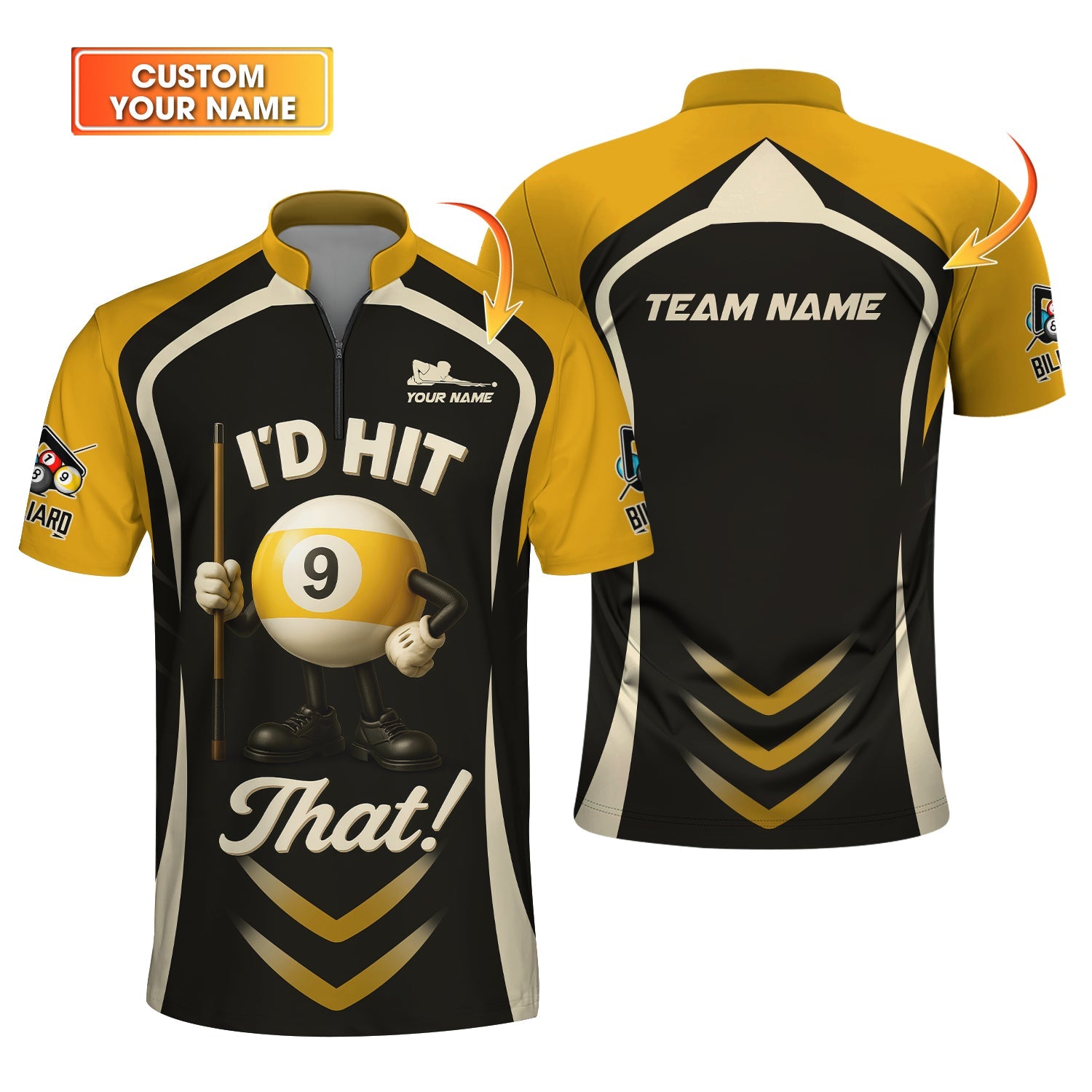 Funny Billiard Shirt Custom Name – I’d Hit That 9 Ball – Black Yellow Pool Player Personalized Tee Gift
