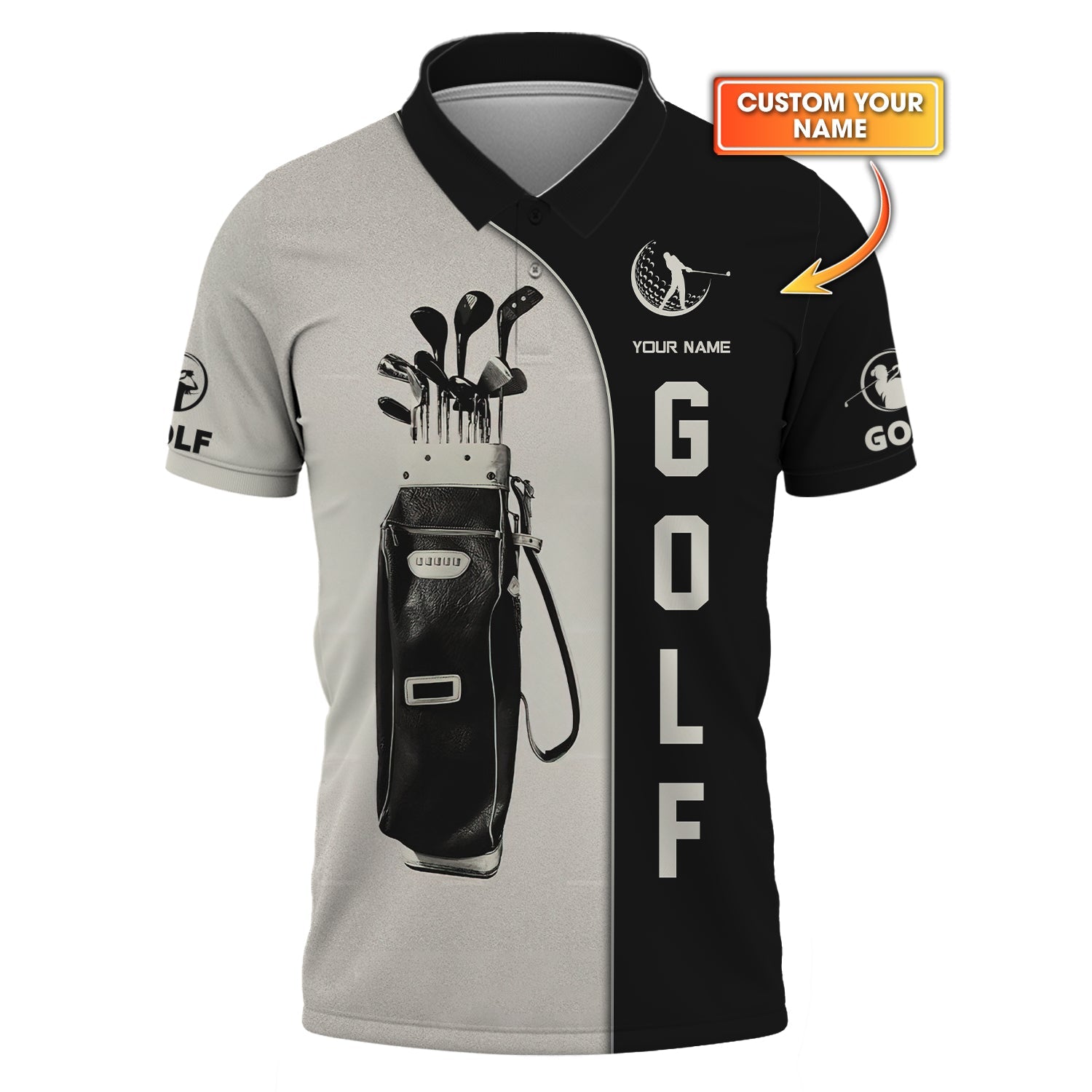 Custom 3D Golf Shirt – Black & White Vintage Golf Bag Design, Personalized Golf Apparel, Golf Gift