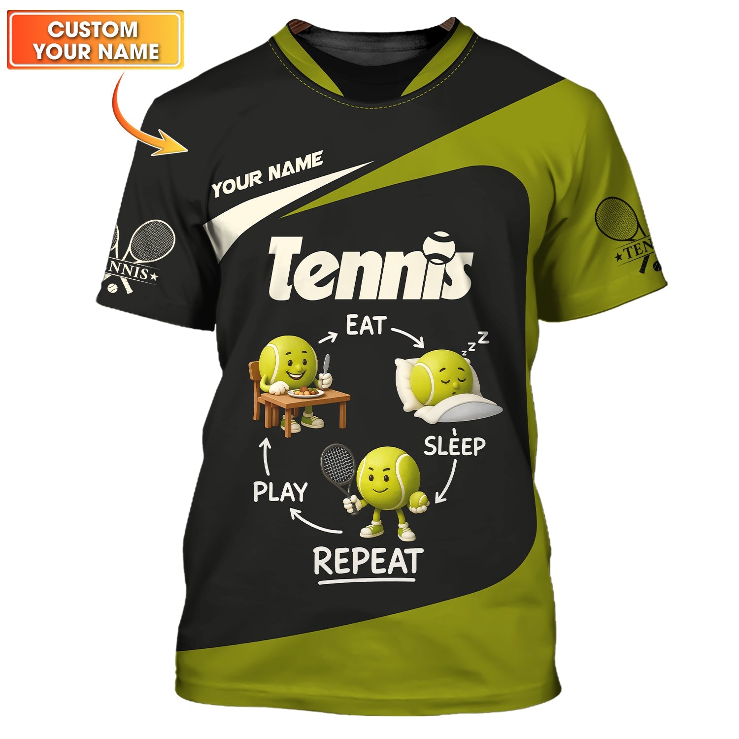 Custom Tennis T Shirt, Funny Eat Sleep Play Repeat Tennis Ball Tee Lover Gift