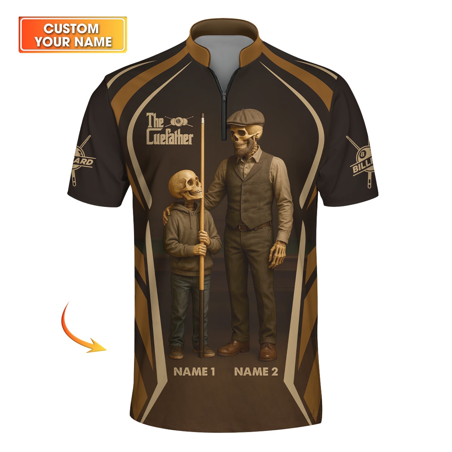 Billiards T Shirt The CueFather Skeleton Pool Player Tee Brown Father Son Gift for Dad