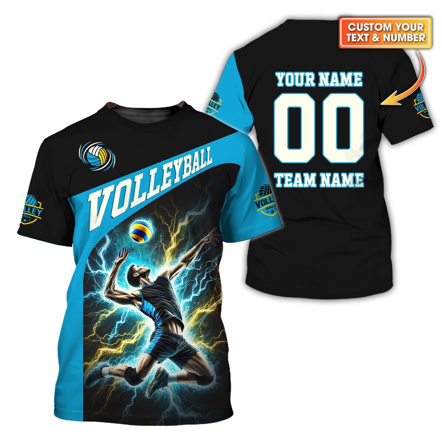 Custom Volleyball T-Shirt – Male Athlete Spiking with Lightning, Volleyball Jersey, Volleyball Gift