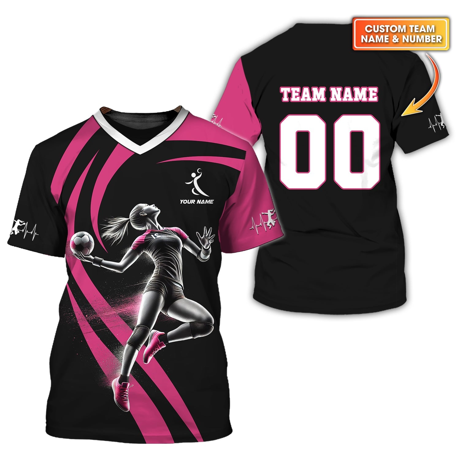 Custom Vibrant Pink Curved Lines T-Shirt, Shirts For Handball Players, Gift For Handball Fan