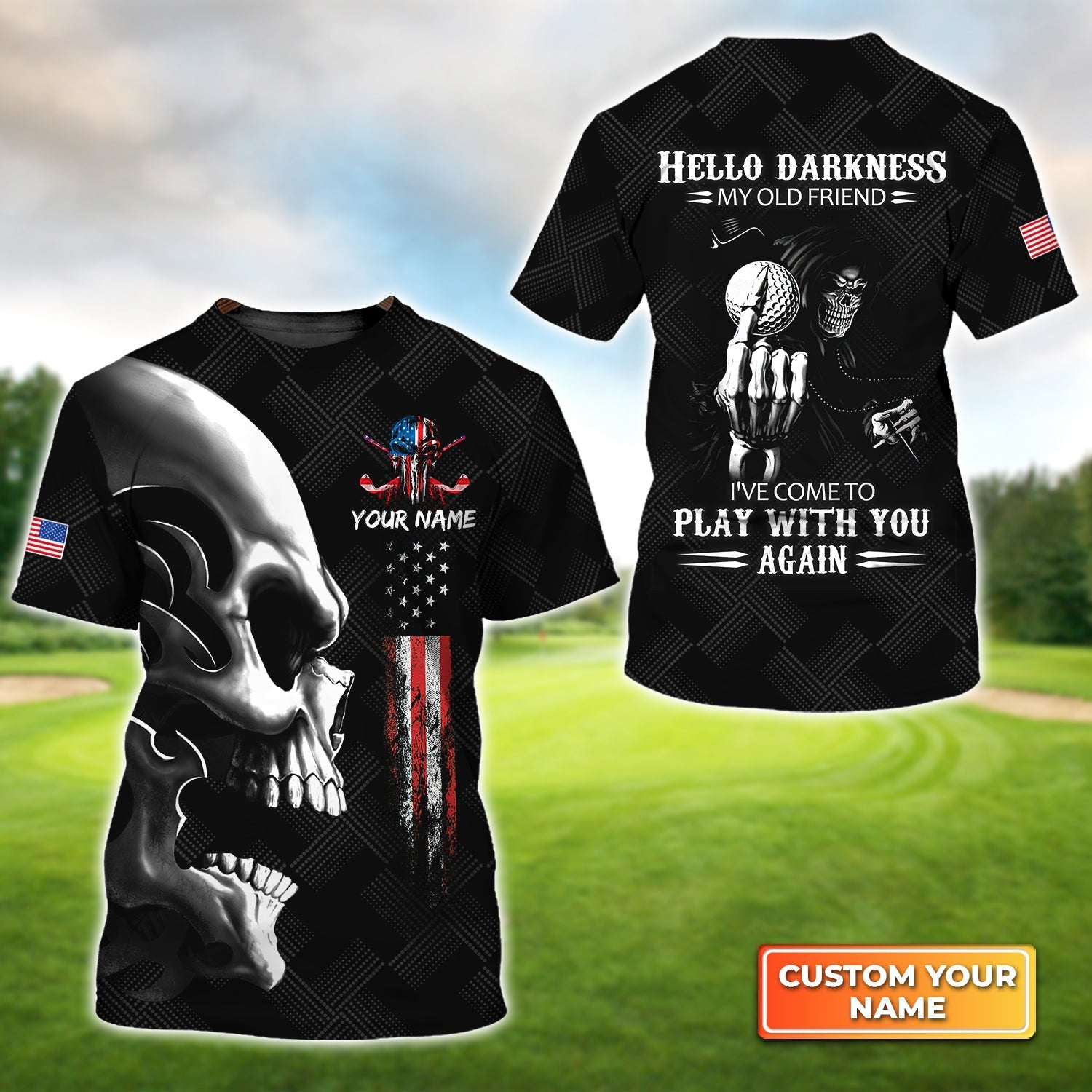 Golf American Flag Hello Darkness My Old Friend, Personalized Name 3D Tshirt Gift For Golfer